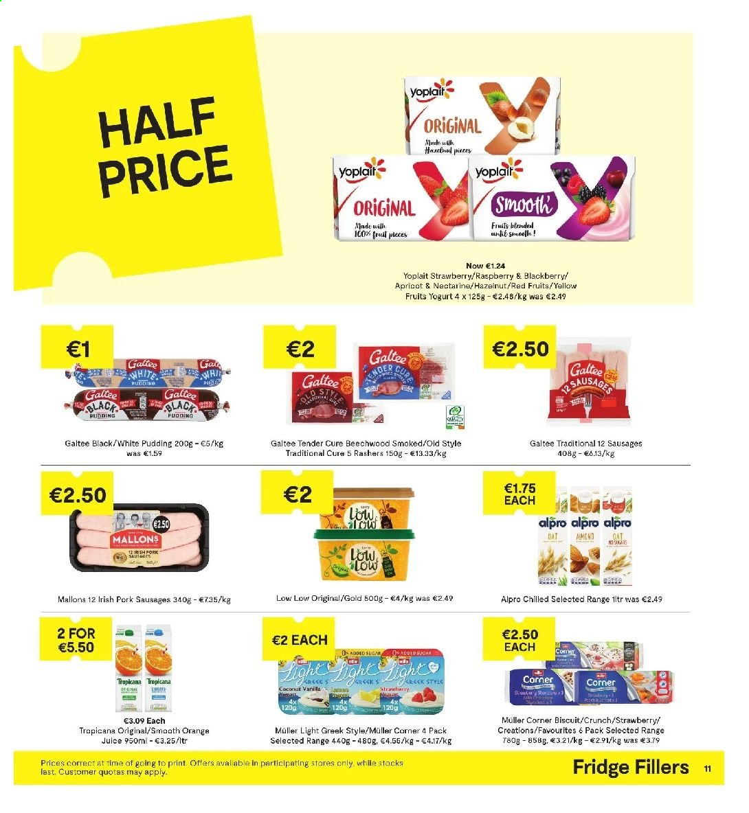 thumbnail - SuperValu offer  - 15.04.2021 - 28.04.2021 - Sales products - nectarines, oranges, Alpro, sausage, pudding, yoghurt, Müller, Yoplait, biscuit, oats. Page 11.