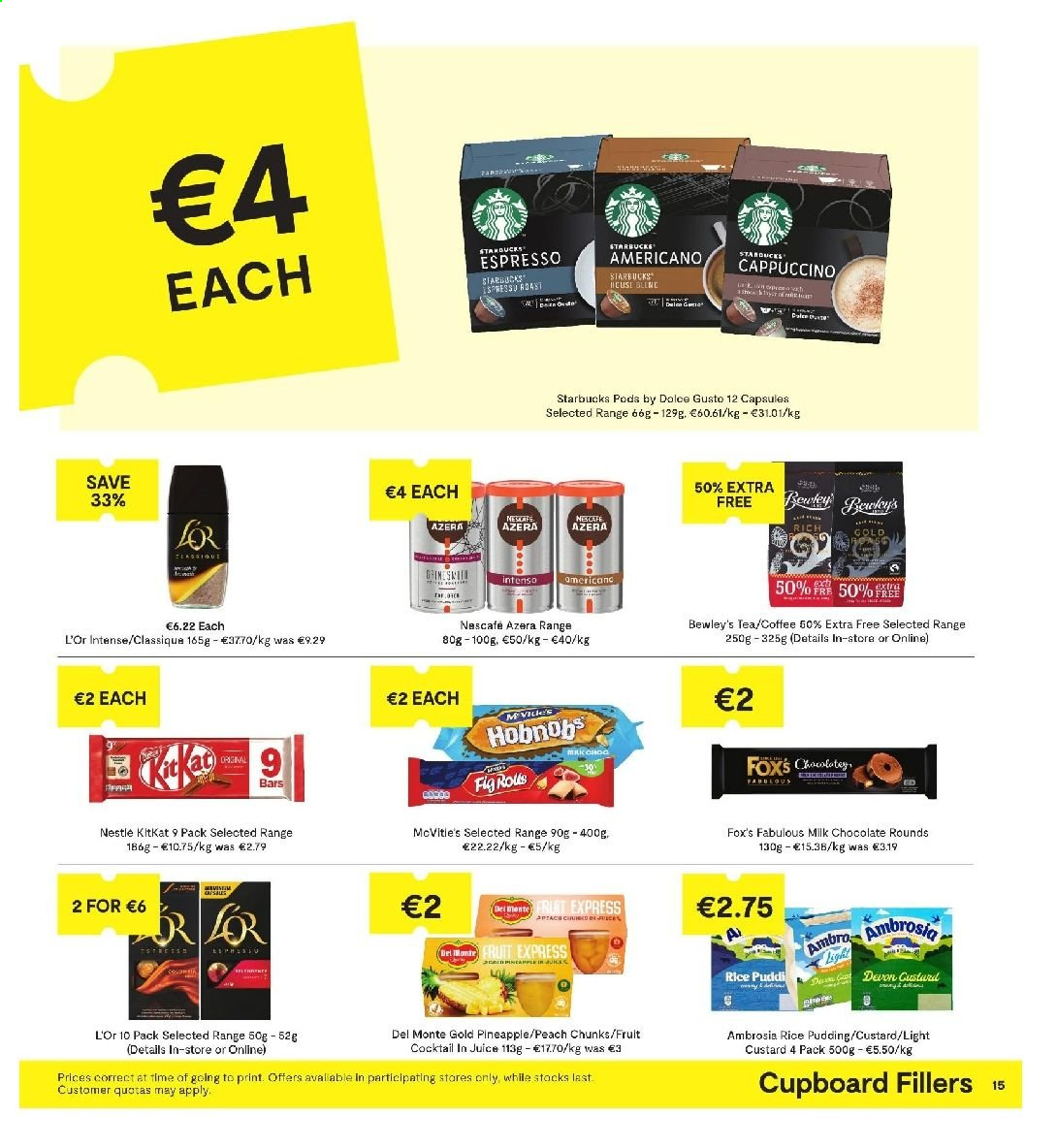 thumbnail - SuperValu offer  - 15.04.2021 - 28.04.2021 - Sales products - pineapple, custard, pudding, milk chocolate, Nestlé, chocolate, KitKat, rice, juice, tea, cappuccino, coffee, Nescafé, Dolce Gusto, L'Or, Starbucks, Intenso, gin. Page 15.