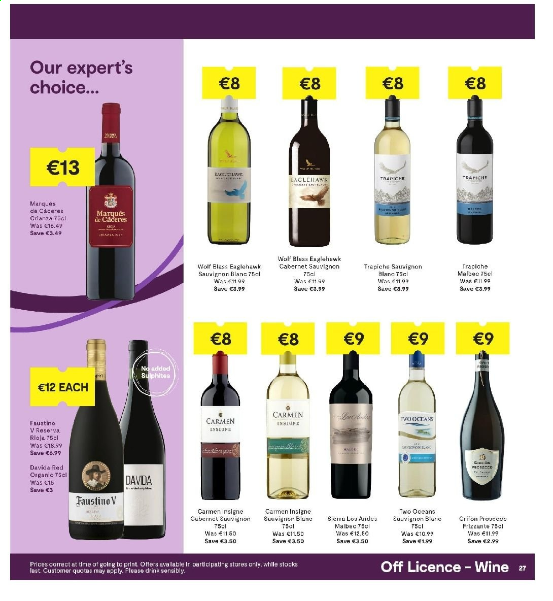 thumbnail - SuperValu offer  - 15.04.2021 - 28.04.2021 - Sales products - Cabernet Sauvignon, red wine, white wine, prosecco, wine, DAVIDA, Marqués de Cáceres, Sauvignon Blanc. Page 27.