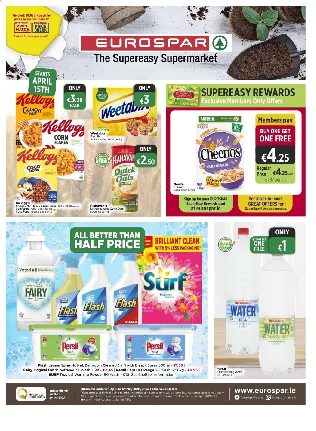 thumbnail - EUROSPAR offer  - 15.04.2021 - 05.05.2021 - Sales products - Nestlé, biscuit, oats, Cheerios, corn flakes, coco pops, Weetabix, Quick Oats, cleaner, bleach, Fairy, Persil, fabric softener, laundry powder, Surf, fragrance. Page 1.