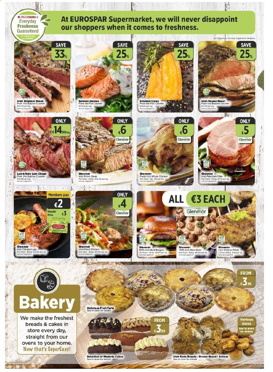 thumbnail - EUROSPAR offer  - 15.04.2021 - 05.05.2021 - Sales products - bread, cake, pie, brown bread, salmon, fish, hamburger, beef burger, ham, soda, whole chicken, chicken legs, beef meat, steak, round roast, striploin steak. Page 2.
