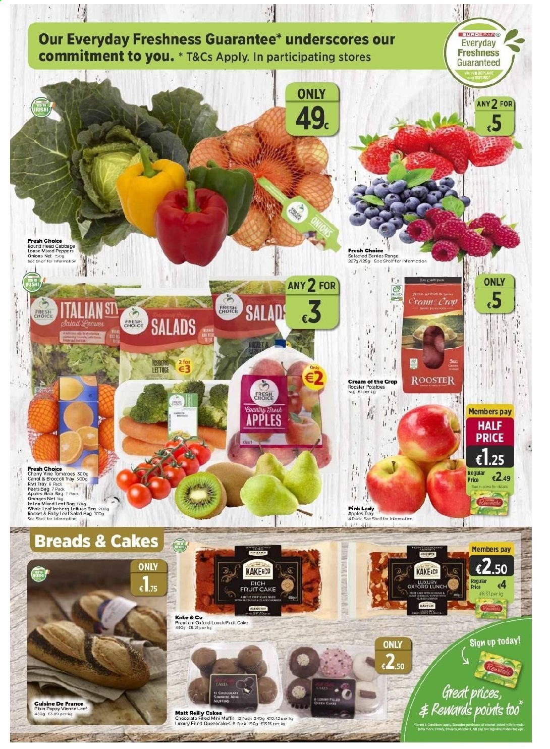 thumbnail - EUROSPAR offer  - 15.04.2021 - 05.05.2021 - Sales products - cake, muffin, broccoli, rocket, onion, salad, peppers, Gala, kiwi, cherries, pears, oranges, apples, Pink Lady, chocolate, tray. Page 3.