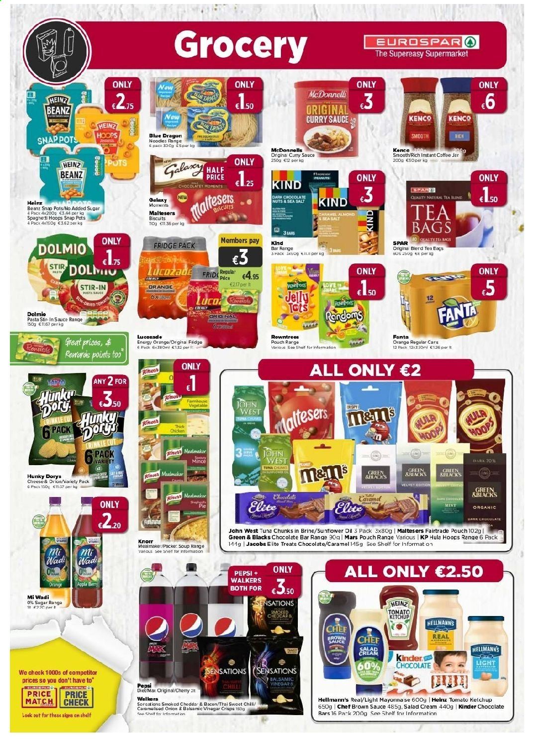 EUROSPAR offer  - 15.4.2021 - 5.5.2021 - Sales products - orange, tuna, pasta sauce, soup, Knorr, noodles, bacon, cheese, mayonnaise, salad cream, Hellmann’s, chocolate, Mars, jelly, biscuit, dark chocolate, Maltesers, Hula Hoops, Heinz, caramel, ketchup, brown sauce, curry sauce, balsamic vinegar, vinegar, peanuts, nuts, Pepsi, Fanta, Lucozade, tea bags, instant coffee, Jacobs, Cars, Moments. Page 6.