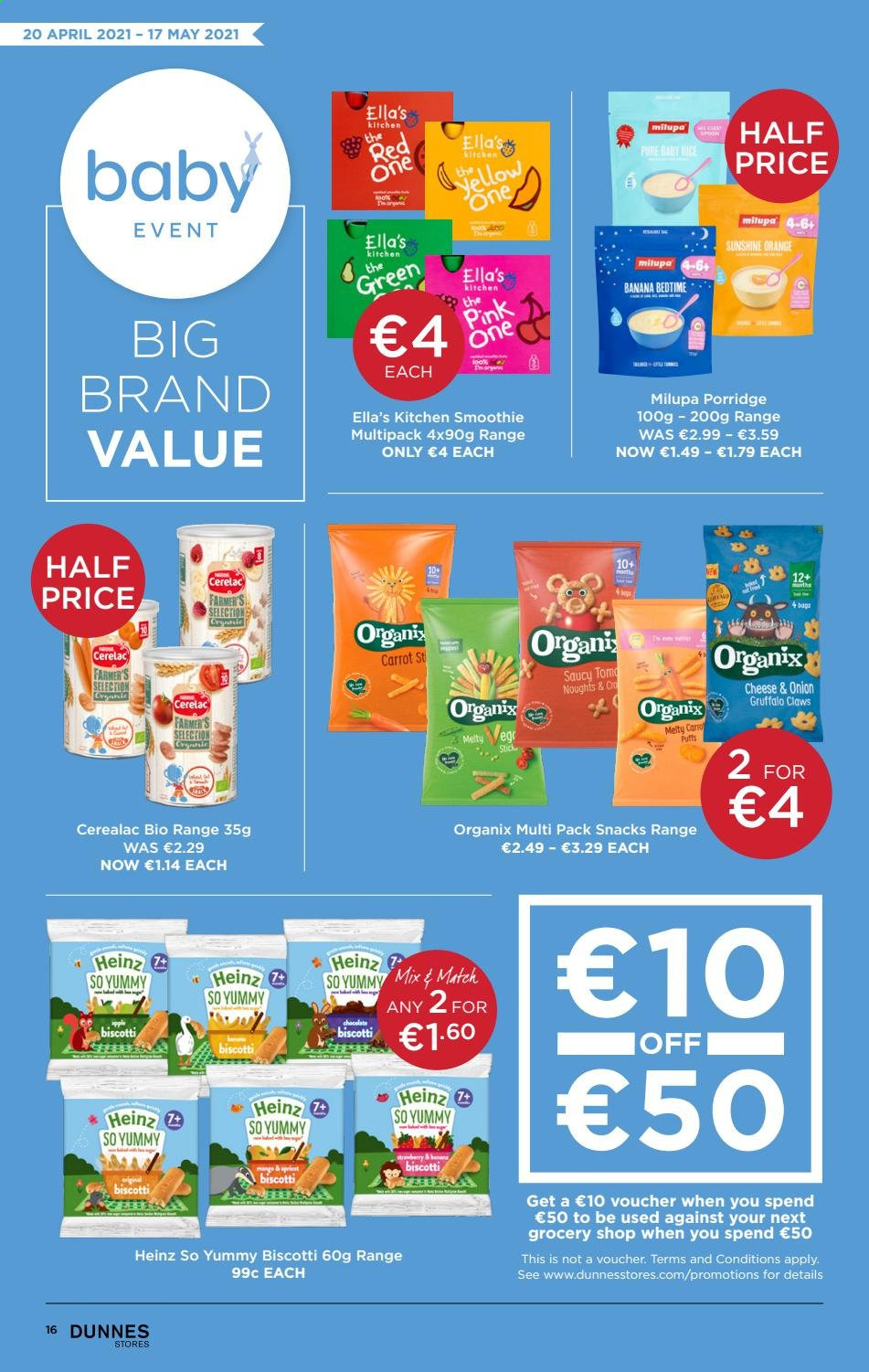 thumbnail - Dunnes Stores offer  - 20.04.2021 - 17.05.2021 - Sales products - puffs, oranges, Sunshine, biscotti, snack, Heinz, porridge, smoothie. Page 16.