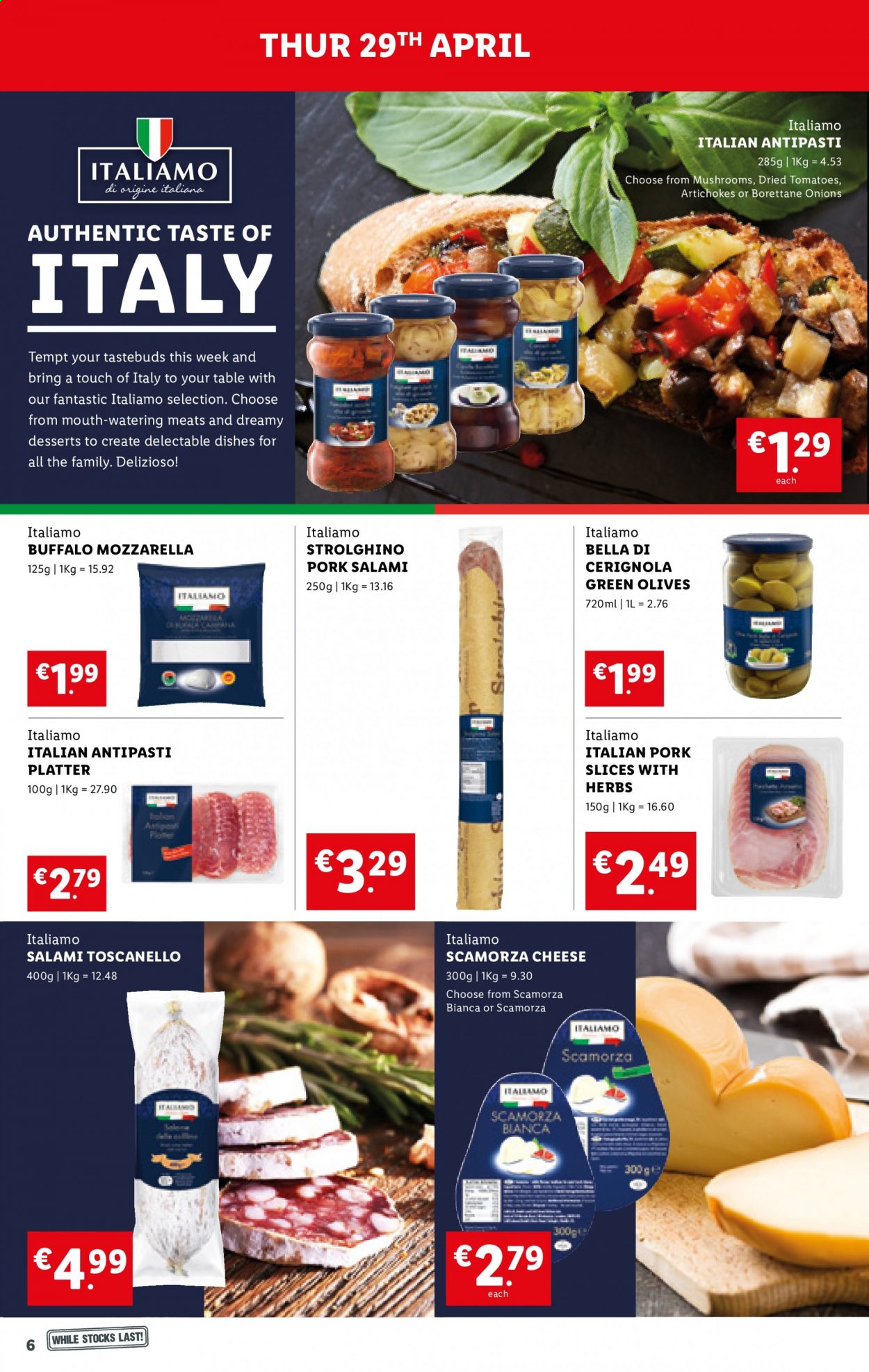 thumbnail - Lidl offer  - 29.04.2021 - 05.05.2021 - Sales products - mushrooms, artichoke, Bella, onion, salami, mozzarella, cheese, olives, herbs. Page 6.