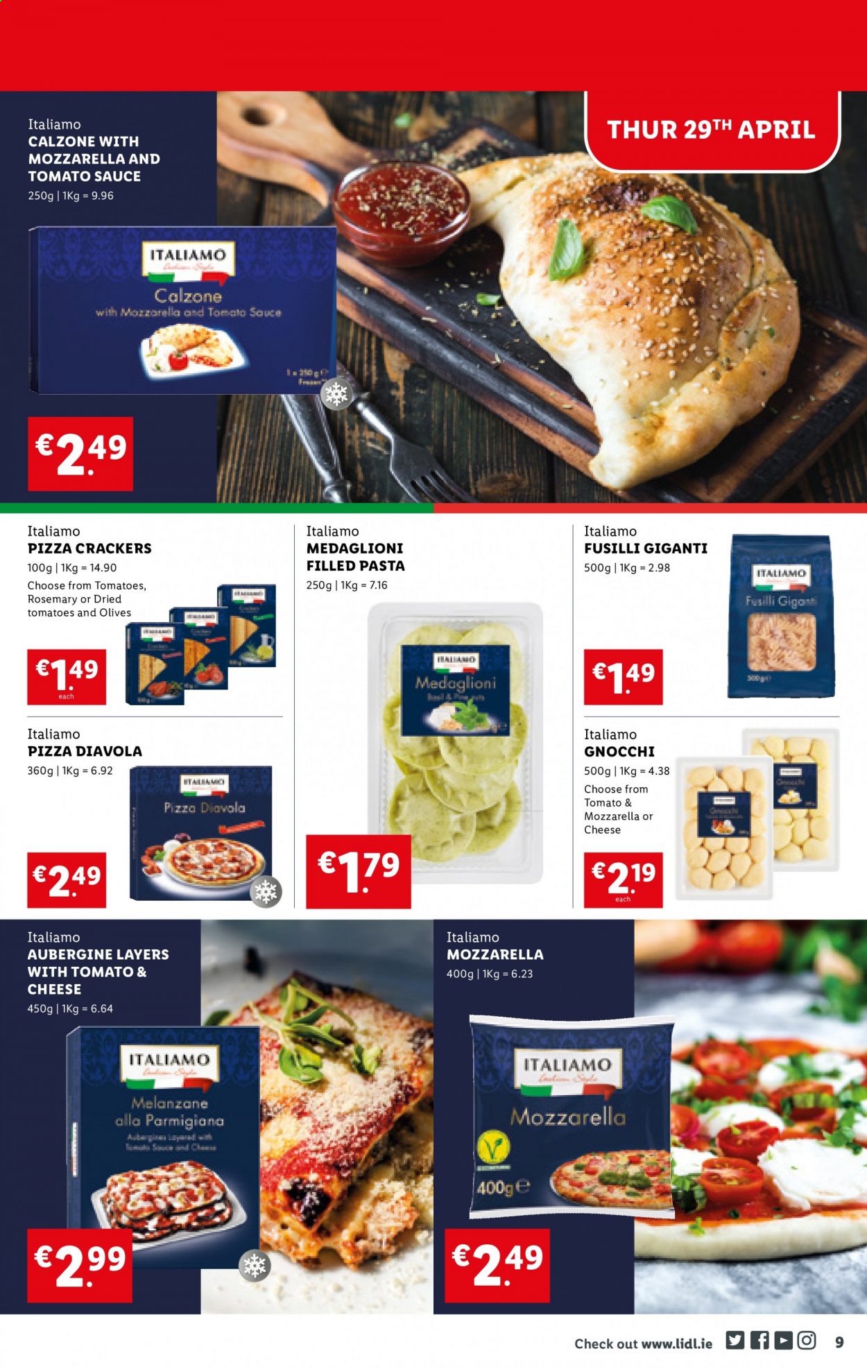 thumbnail - Lidl offer  - 29.04.2021 - 05.05.2021 - Sales products - eggplant, gnocchi, pizza, pasta, sauce, calzone, filled pasta, crackers, tomato sauce, olives, rosemary. Page 9.