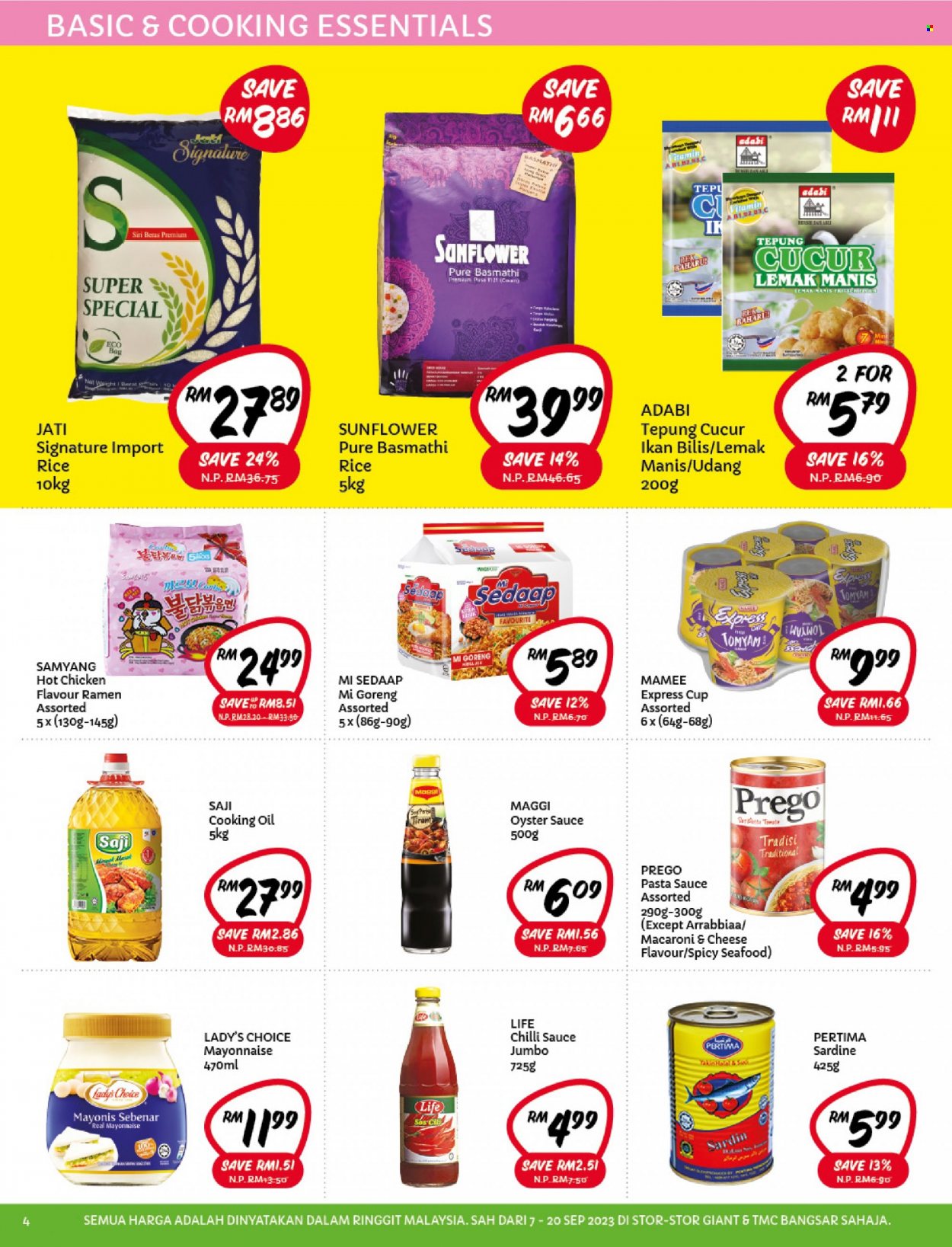 Iklan Giant - 07.09.2023 - 20.09.2023 - Produk jualan - basmathi, macaroni, maggi, beras, mayonis, sardin. Halaman 4.