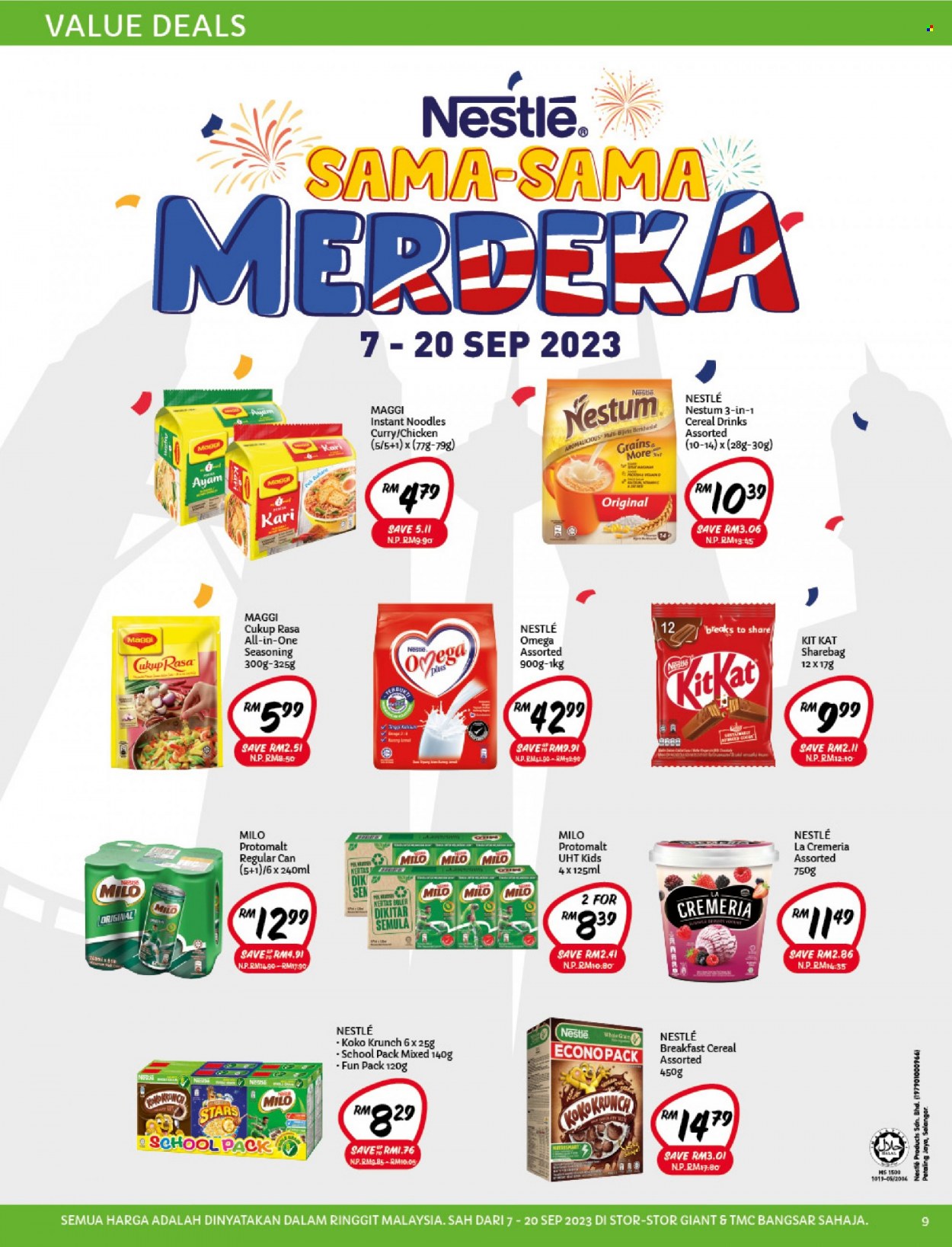Iklan Giant - 07.09.2023 - 20.09.2023 - Produk jualan - instant noodles, maggi, cukup rasa, koko krunch, milo, nestum. Halaman 9.