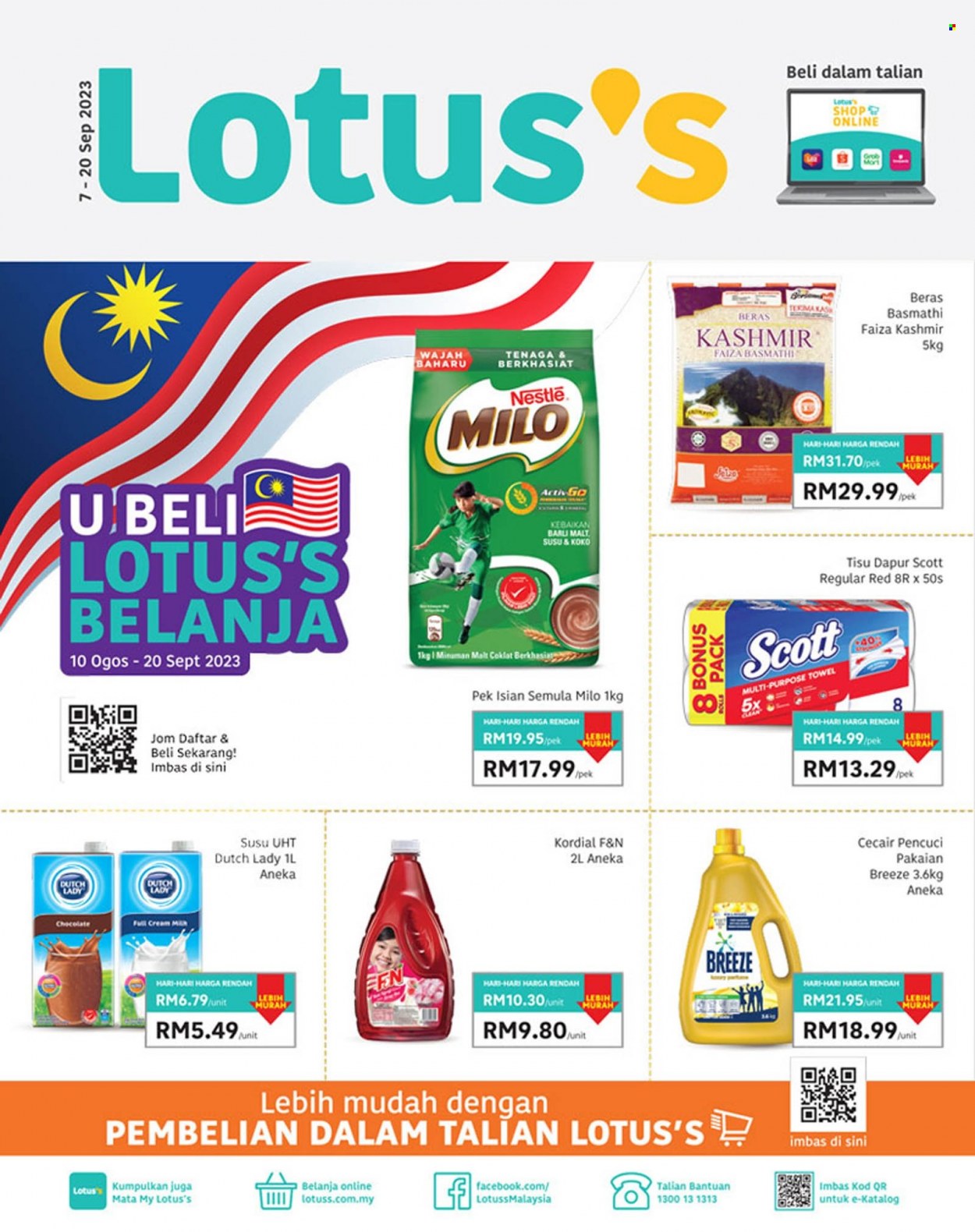 Iklan Lotus's - 07.09.2023 - 20.09.2023 - Produk jualan - Dutch Lady, basmathi, beras, coklat, kordial, milo, susu, tisu. Halaman 1.