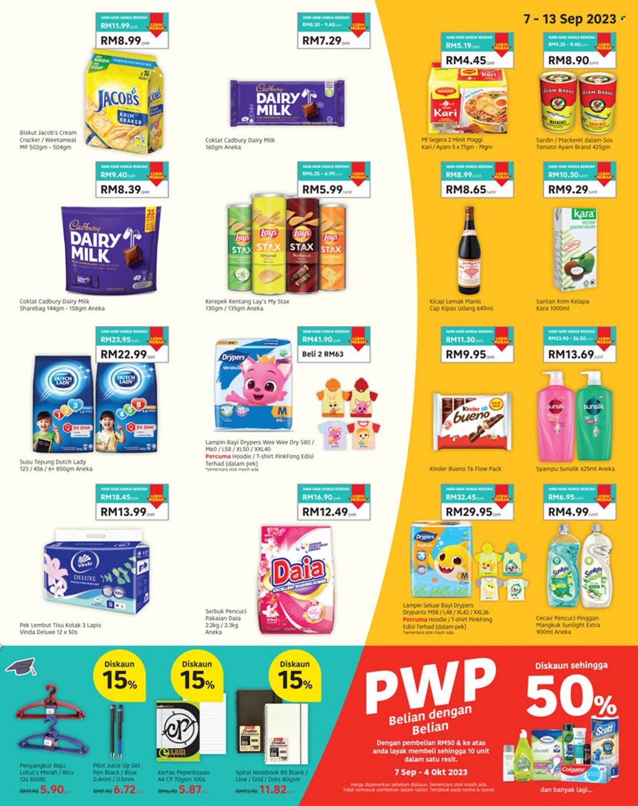 Iklan Lotus's - 07.09.2023 - 20.09.2023 - Produk jualan - Dutch Lady, maggi, biskut, coklat, kentang, kicap lemak manis, kinder bueno, kraker, mangkuk, sardin, susu, susu tepung, tisu. Halaman 3.