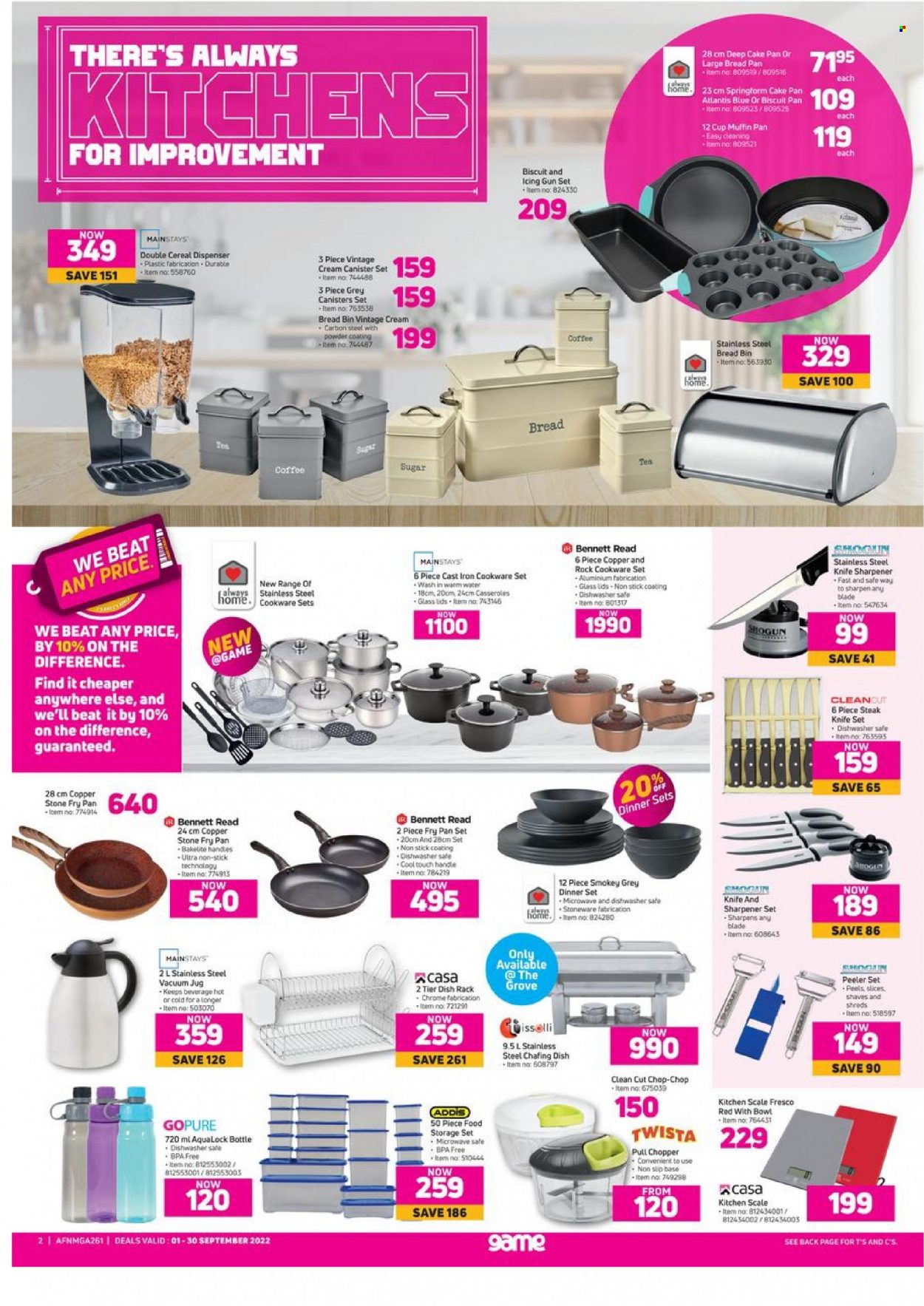 thumbnail - Game catalogue  - 01/09/2022 - 30/09/2022 - Sales products - bread, biscuit, sugar, coffee, cookware set, dinnerware set, knife, sharpener, pan, canister, bread pan, dish rack, chafing dish, cake pan, steak knife, cup, handy chopper, scale, dinner plate, peeler, knife sharpener, dispenser, kitchen scale, stoneware, storage container set, Bennett Read. Page 2.