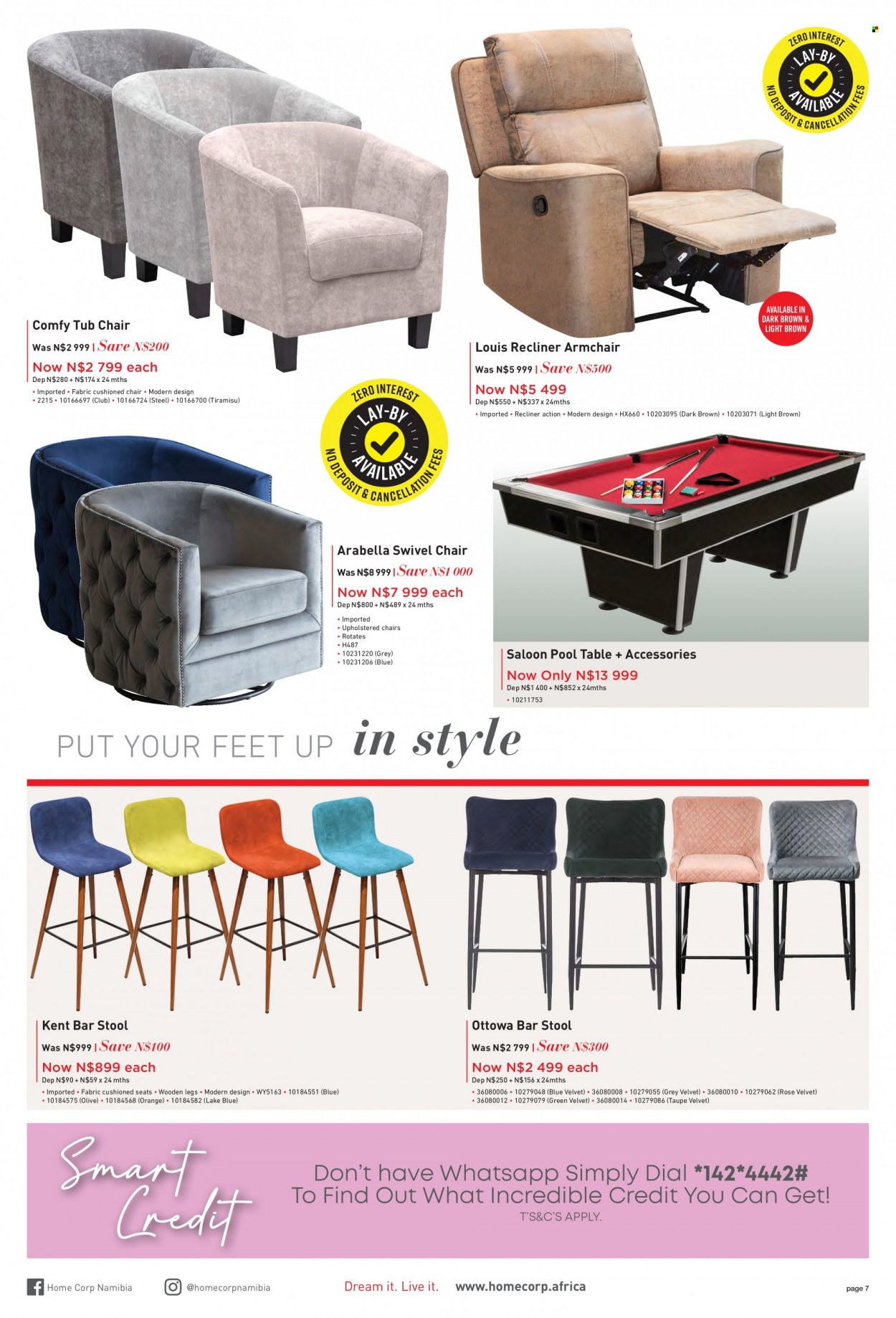 thumbnail - HomeCorp catalogue  - 01/09/2022 - 30/09/2022 - Sales products - table, stool, chair, bar stool, arm chair, swivel chair, recliner chair. Page 7.