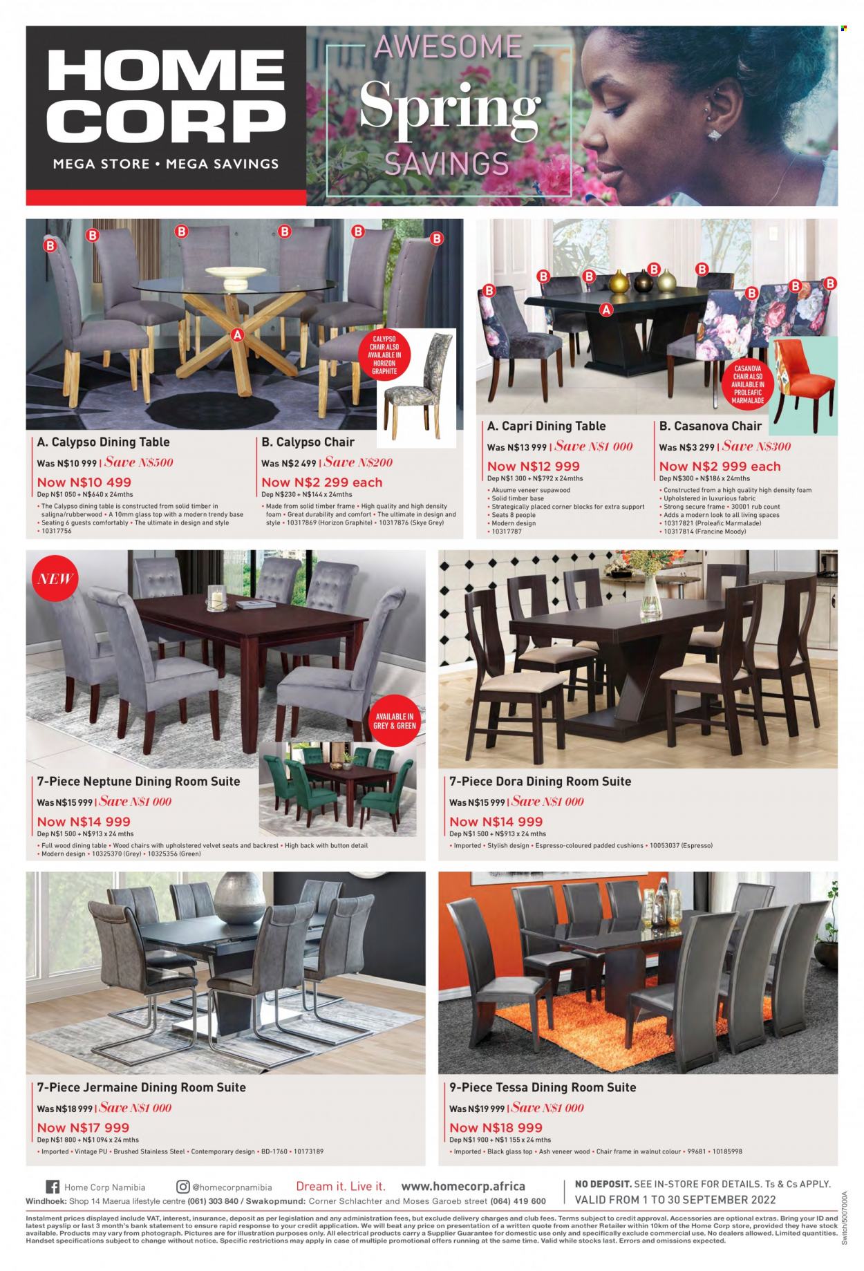 thumbnail - HomeCorp catalogue  - 01/09/2022 - 30/09/2022 - Sales products - dining table, table, dining room suite, chair, cushion. Page 8.