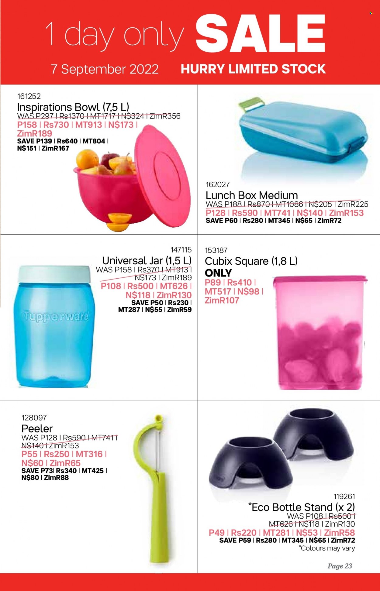 thumbnail - Tupperware catalogue  - 07/09/2022 - 04/10/2022 - Sales products - peeler, eco bottle, bowl, jar, safe container, meal box. Page 23.