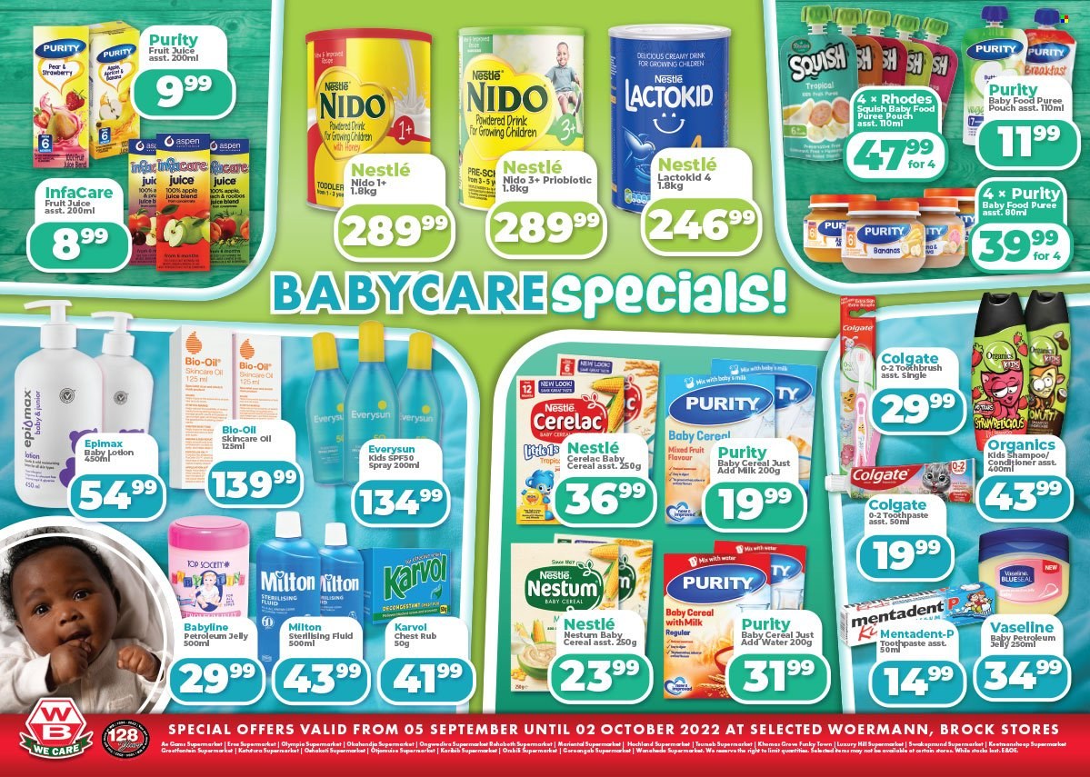 thumbnail - Woermann Brock catalogue  - 06/09/2022 - 02/10/2022 - Sales products - bananas, milk, Nestlé, cereals, oil, apple juice, fruit juice, juice, powder drink, rooibos tea, Purity, shampoo, Vaseline, Colgate, toothbrush, toothpaste, Mentadent, petroleum jelly, Epi-Max, conditioner, body lotion, Top Society. Page 2.