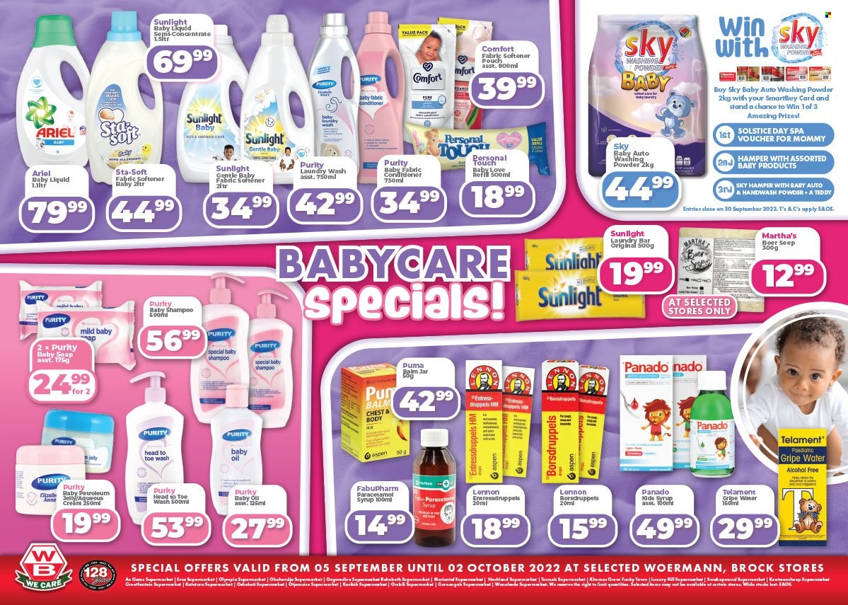 thumbnail - Woermann Brock catalogue  - 06/09/2022 - 02/10/2022 - Sales products - jelly, oil, syrup, Purity, fabric softener, Ariel, laundry powder, laundry soap bar, Sunlight, handwash powder, Comfort softener, shampoo, hand wash, soap. Page 3.