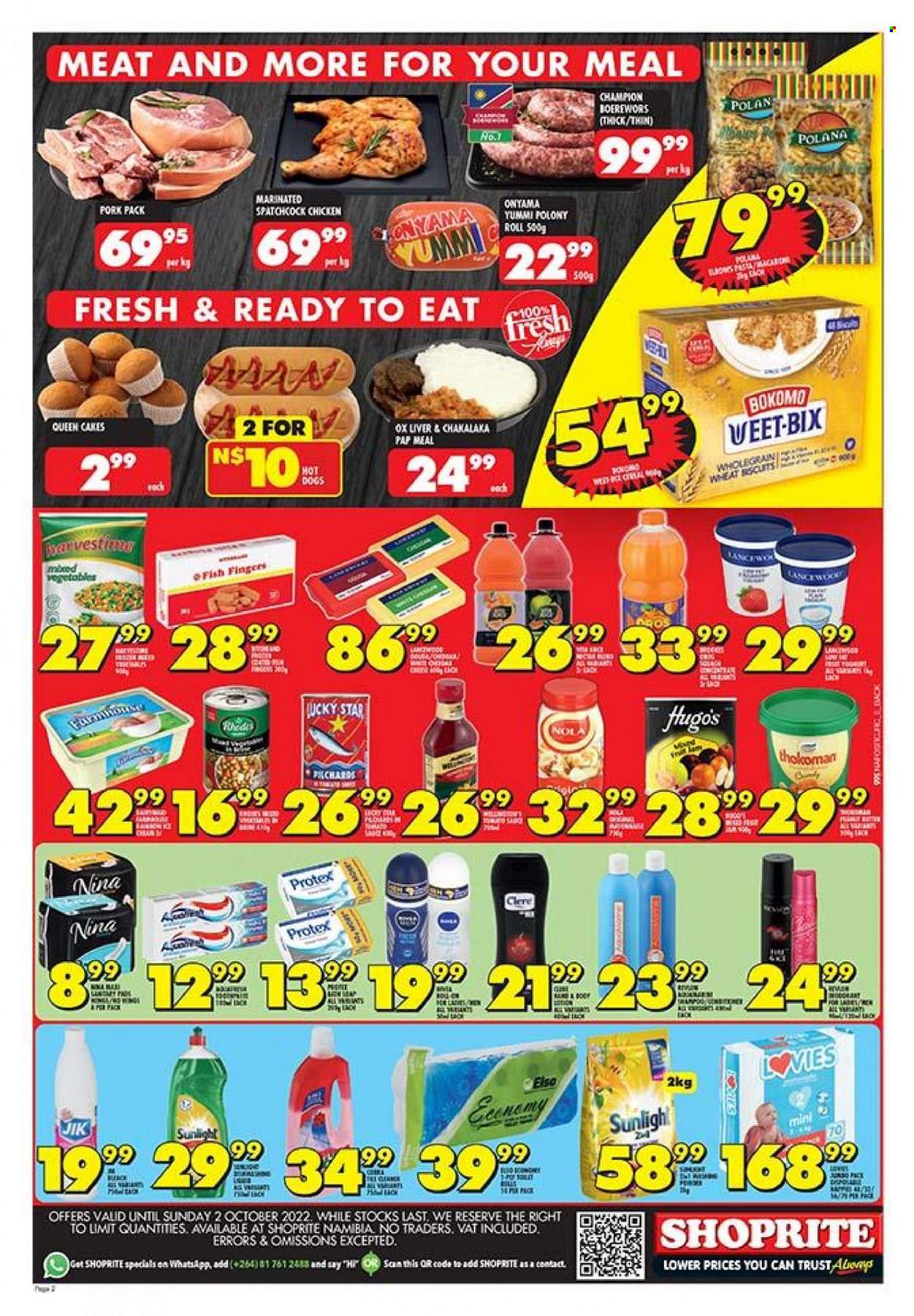 thumbnail - Shoprite catalogue  - 19/09/2022 - 02/10/2022 - Sales products - cake, fish, chakalaka, polony, butter, biscuit, Weet-Bix, spatchcock chicken, beef liver, Sunlight, Protex, Clere, braai wors. Page 2.