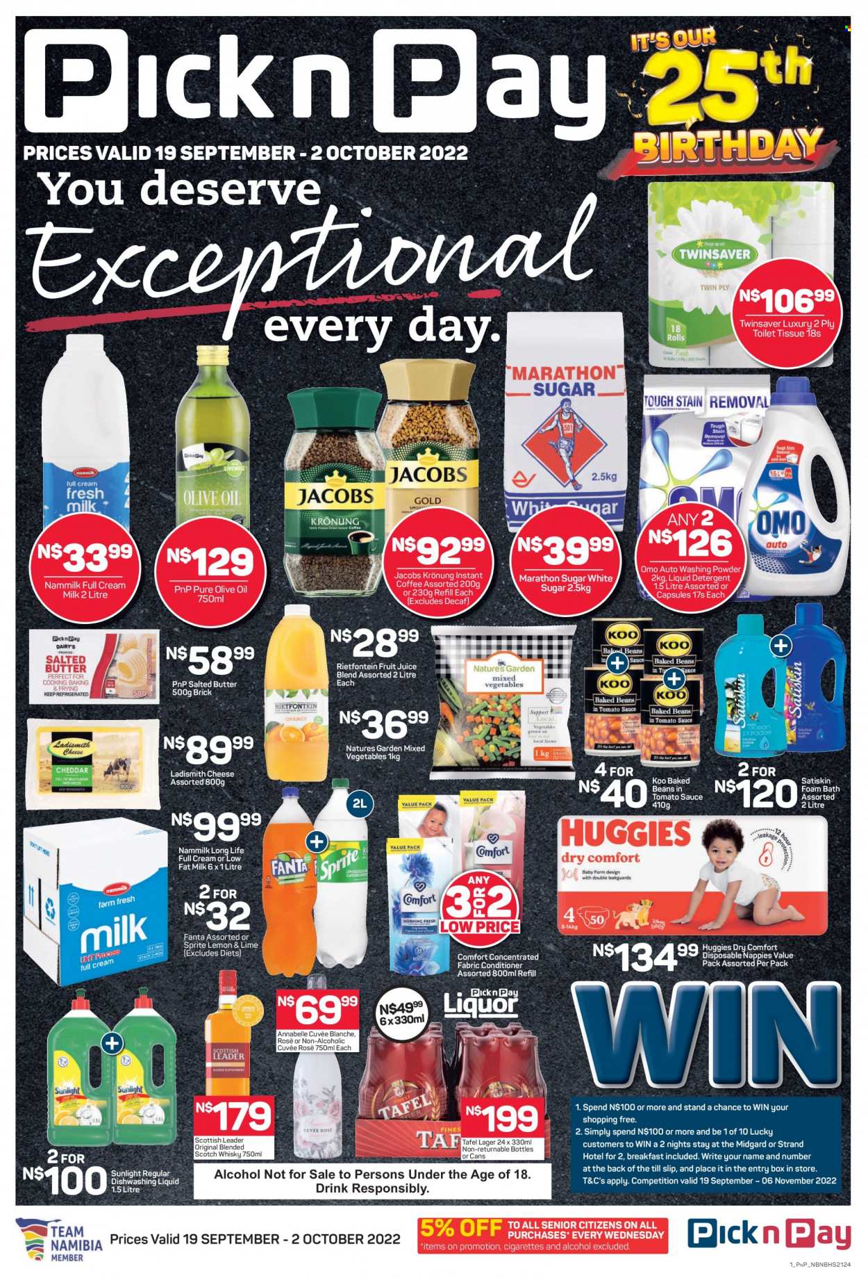 thumbnail - Pick n Pay catalogue  - 19/09/2022 - 02/10/2022 - Sales products - cheese, butter, Ladismith, salted butter, mixed vegetables, Natures Garden, sugar, baked beans, Koo, olive oil, oil, Sprite, Fanta, fruit juice, juice, instant coffee, Jacobs, Jacobs Krönung, Cuvée, alcohol, rosé wine, scotch whisky, whisky, beer, Lager, Huggies, nappies, detergent, Omo, liquid detergent, laundry powder, Sunlight, dishwashing liquid, bath foam, Satiskin. Page 1.