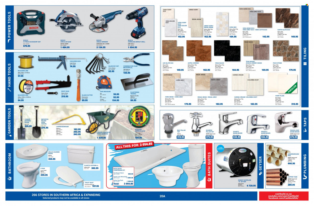 thumbnail - Cashbuild catalogue  - 19/09/2022 - 23/10/2022 - Sales products - toilet seat, basin mixer, copper tube, geyser, Bosch, porcelain tile, drill, power tools, grinder, circular saw, saw, angle grinder, bowsaw, shovel, pliers, cutter, wheelbarrow, spade, glass cutter, gardening tools, hand tools, measuring tape, garden hose. Page 2.