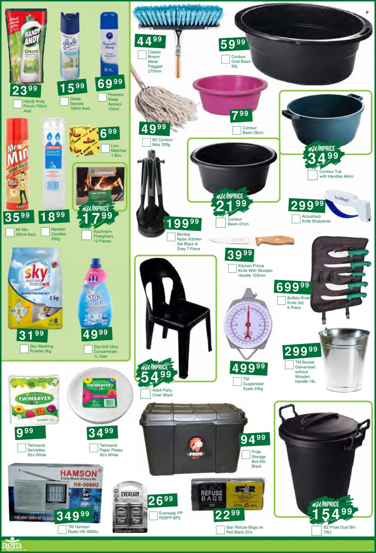 thumbnail - Agra catalogue  - 20/09/2022 - 04/10/2022 - Sales products - knife, firelighter, sharpener, paper, Eveready, storage box, refuse bag, radio, chair. Page 4.