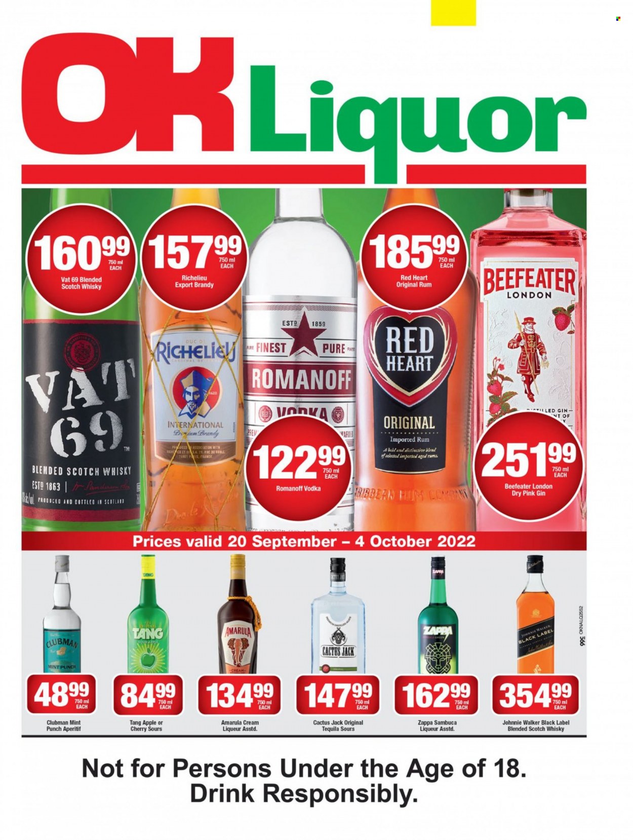 thumbnail - OK catalogue  - 20/09/2022 - 04/10/2022 - Sales products - brandy, gin, liqueur, rum, tequila, vodka, liquor, Johnnie Walker, punch, Beefeater, Richelieu, Amarula, Red Heart, Vat 69, scotch whisky, whisky, aperitif. Page 1.