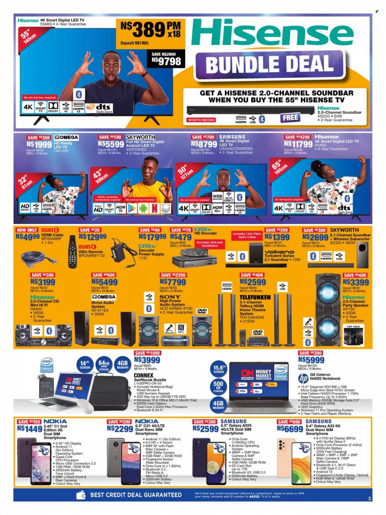 thumbnail - OK Furniture catalogue  - 19/09/2022 - 09/10/2022 - Sales products - Samsung, Sony, Nokia, Hisense, smartphone, memory card, LED TV, smart tv, TV, Skyworth, radio, home theater, hi-fi, decoder, speaker, subwoofer, wireless subwoofer, sound bar, Hewlett Packard, Volkano, HDMI cable. Page 3.