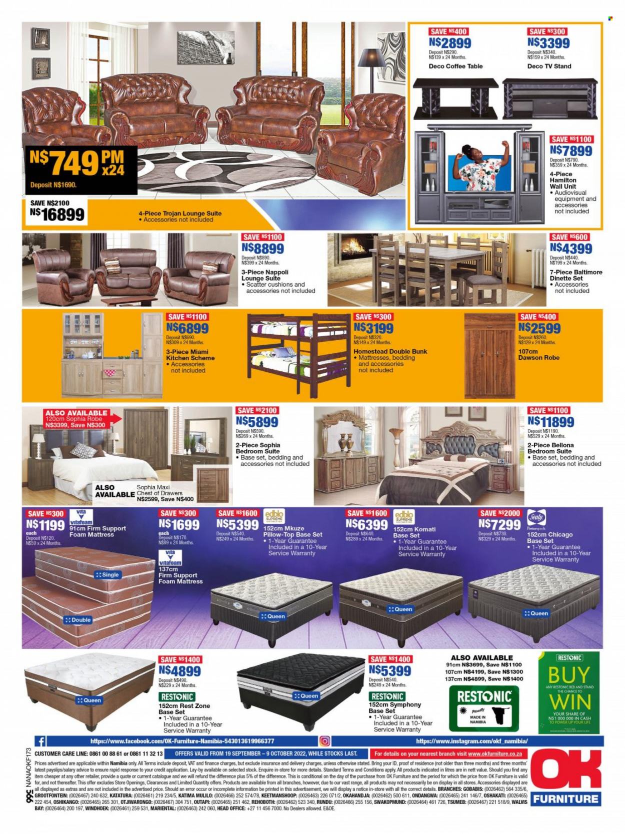 thumbnail - OK Furniture catalogue  - 19/09/2022 - 09/10/2022 - Sales products - kitchen scheme, table, lounge suite, lounge, coffee table, TV stand, wall unit, chest of drawers, bedroom suite, bed, base set, mattress, foam mattress, cushion. Page 4.