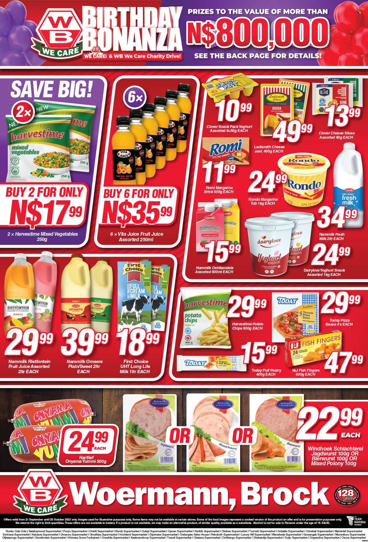 thumbnail - Woermann Brock catalogue  - 21/09/2022 - 05/10/2022 - Sales products - mango, fish, fish fingers, fish sticks, polony, gouda, sliced cheese, yoghurt, Clover, long life milk, margarine, fat spread, Ladismith, pizza dough, puff pastry, mixed vegetables, Harvestime, potato chips, chips, fruit juice, juice, alcohol. Page 2.
