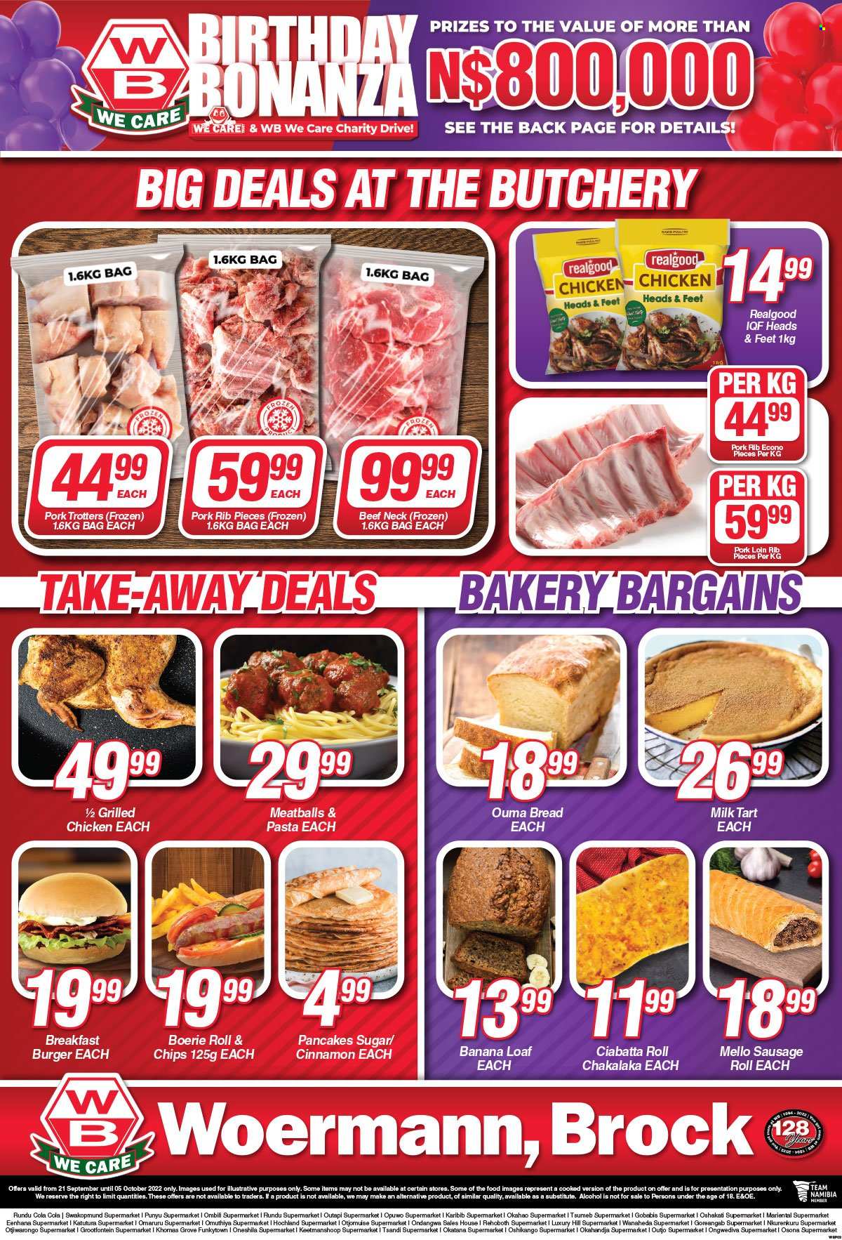 thumbnail - Woermann Brock catalogue  - 21/09/2022 - 05/10/2022 - Sales products - bread, ciabatta, sausage rolls, tart, banana bread, milk tart, meatballs, pasta, hamburger, pancakes, chakalaka, sausage, milk, sugar, cinnamon, alcohol, pork loin, pork meat. Page 3.