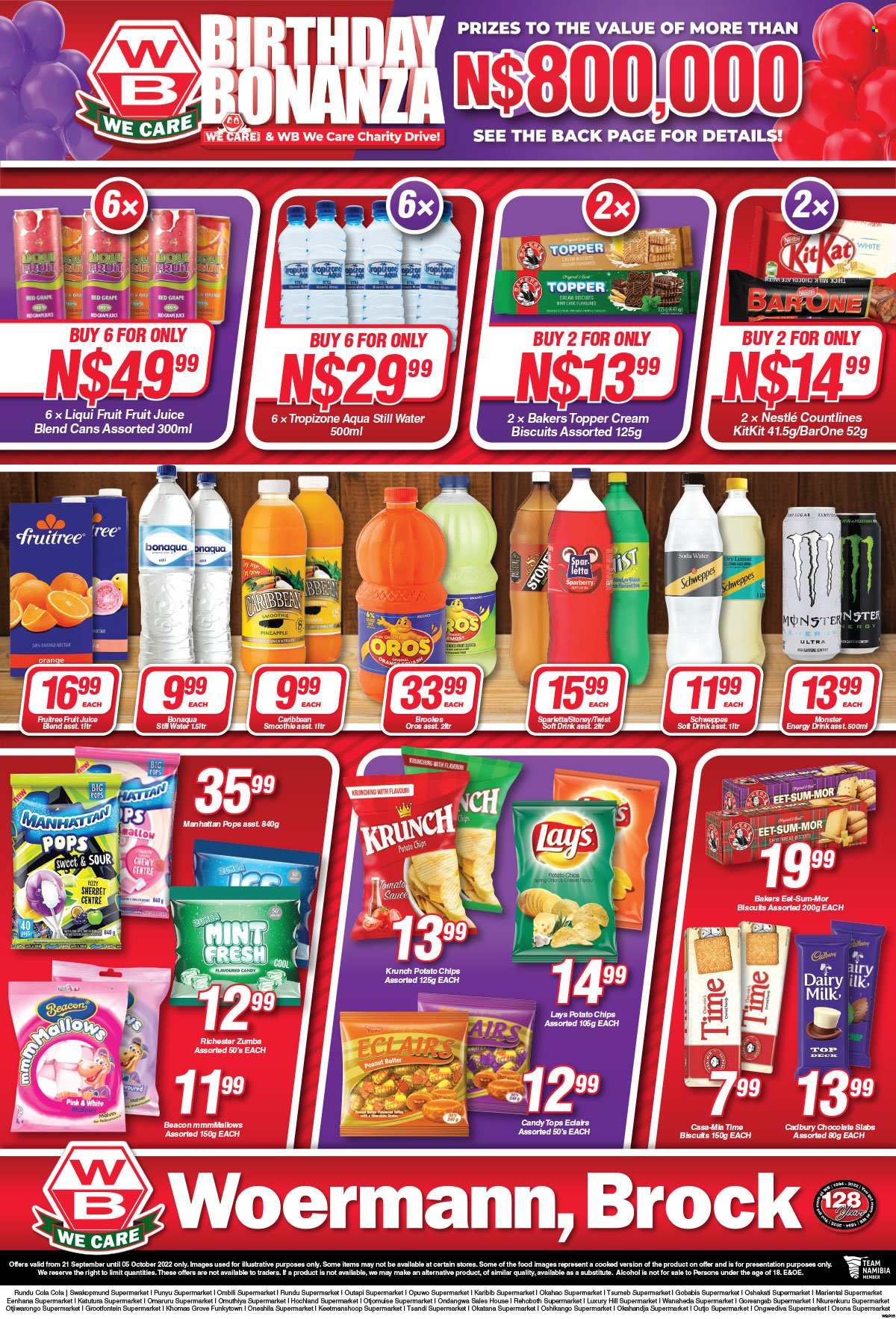 thumbnail - Woermann Brock catalogue  - 21/09/2022 - 05/10/2022 - Sales products - oranges, sauce, milk, sherbet, Nestlé, chocolate, chocolate slabs, KitKat, biscuit, Cadbury, potato chips, chips, Lay’s, peanut butter, Schweppes, energy drink, Monster, fruit juice, juice, soft drink, Oros, Monster Energy, smoothie, mineral water, soda, bottled water, Bonaqua, alcohol, Bakers. Page 5.