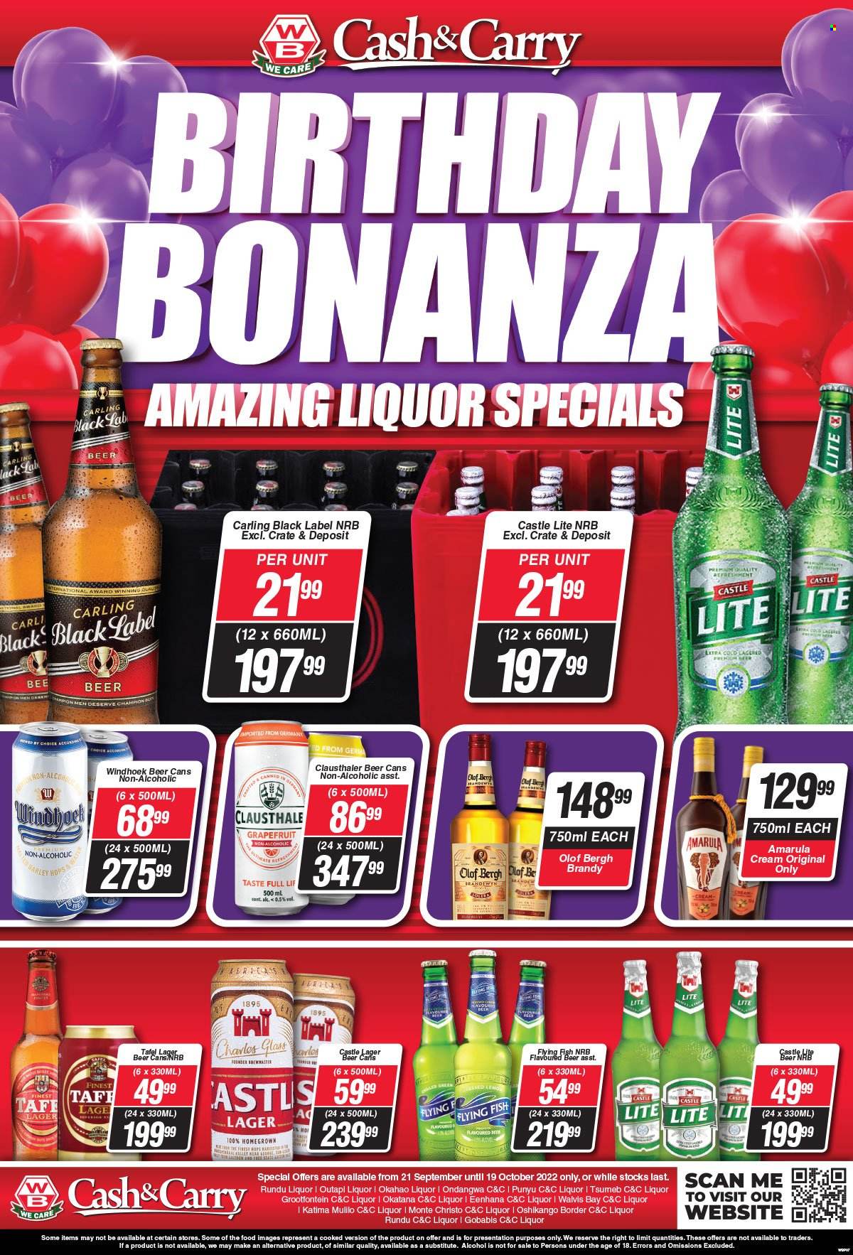 thumbnail - Woermann Brock catalogue  - 21/09/2022 - 19/10/2022 - Sales products - grapefruits, fish, alcohol, brandy, liquor, Amarula, beer, Carling, Castle, Lager. Page 3.