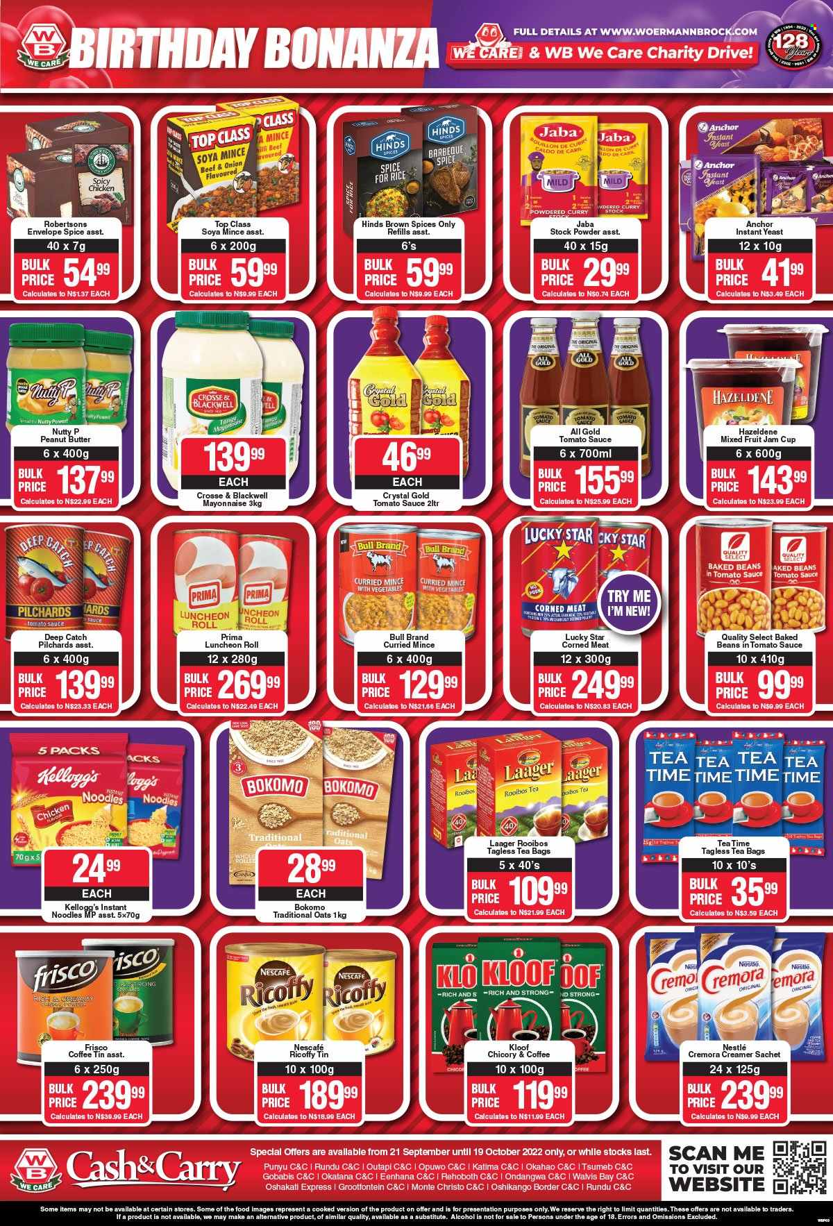 thumbnail - Woermann Brock catalogue  - 21/09/2022 - 19/10/2022 - Sales products - sardines, instant noodles, noodles, lunch meat, shake, yeast, Anchor, creamer, mayonnaise, Nestlé, Kellogg's, oats, Cremora, soya mince, corned meat, baked beans, rice, spice, Hinds, fruit jam, peanut butter, Hazeldene, tea bags, rooibos tea, coffee, Ricoffy, Nescafé, Frisco, alcohol. Page 3.