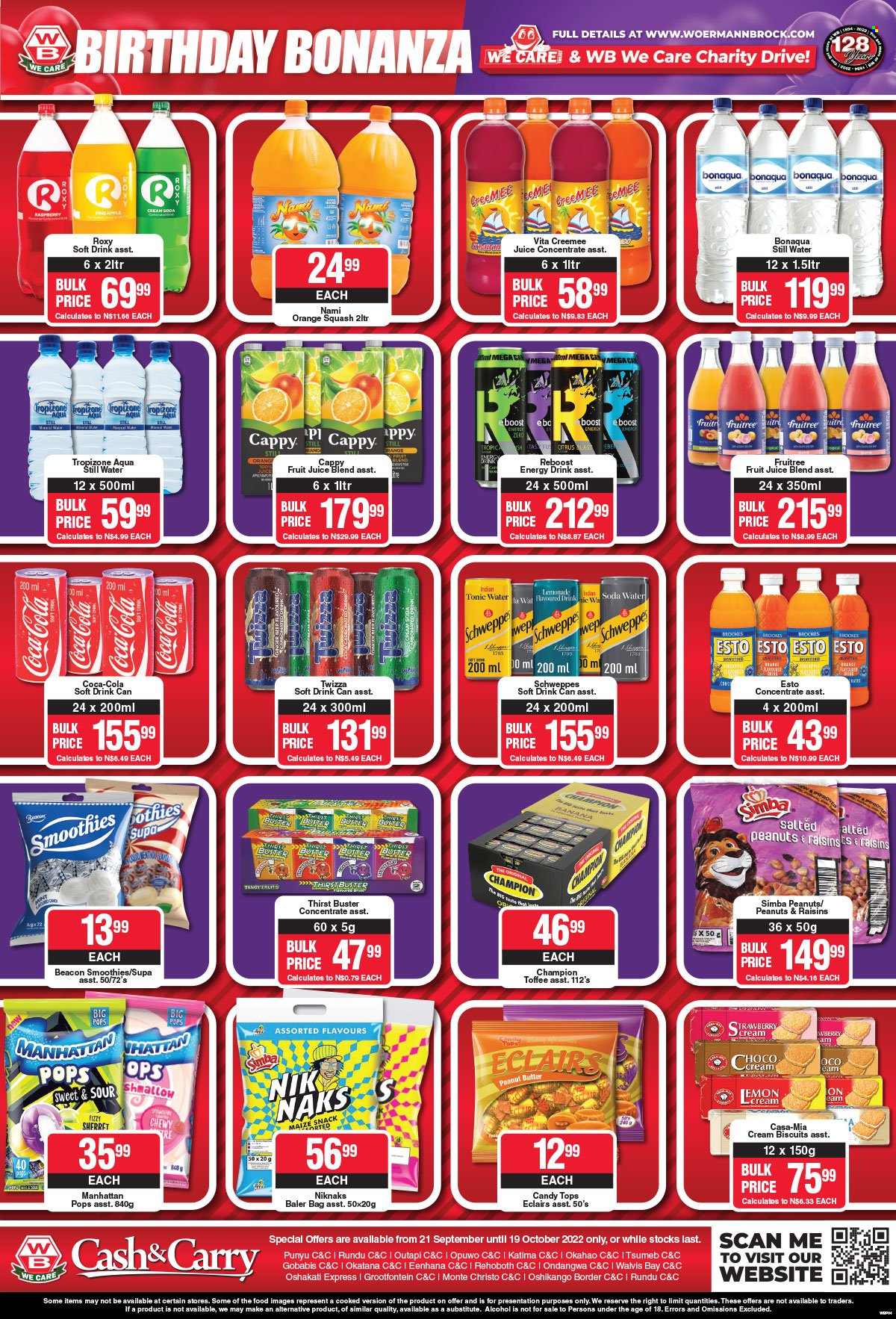 thumbnail - Woermann Brock catalogue  - 21/09/2022 - 19/10/2022 - Sales products - pineapple, snack, toffee, biscuit, Simba, Nik Naks, peanut butter, peanuts, dried fruit, Coca-Cola, lemonade, Schweppes, energy drink, fruit juice, juice, tonic, soft drink, orange squash, smoothie, mineral water, soda, bottled water, Bonaqua, Boost, alcohol. Page 4.