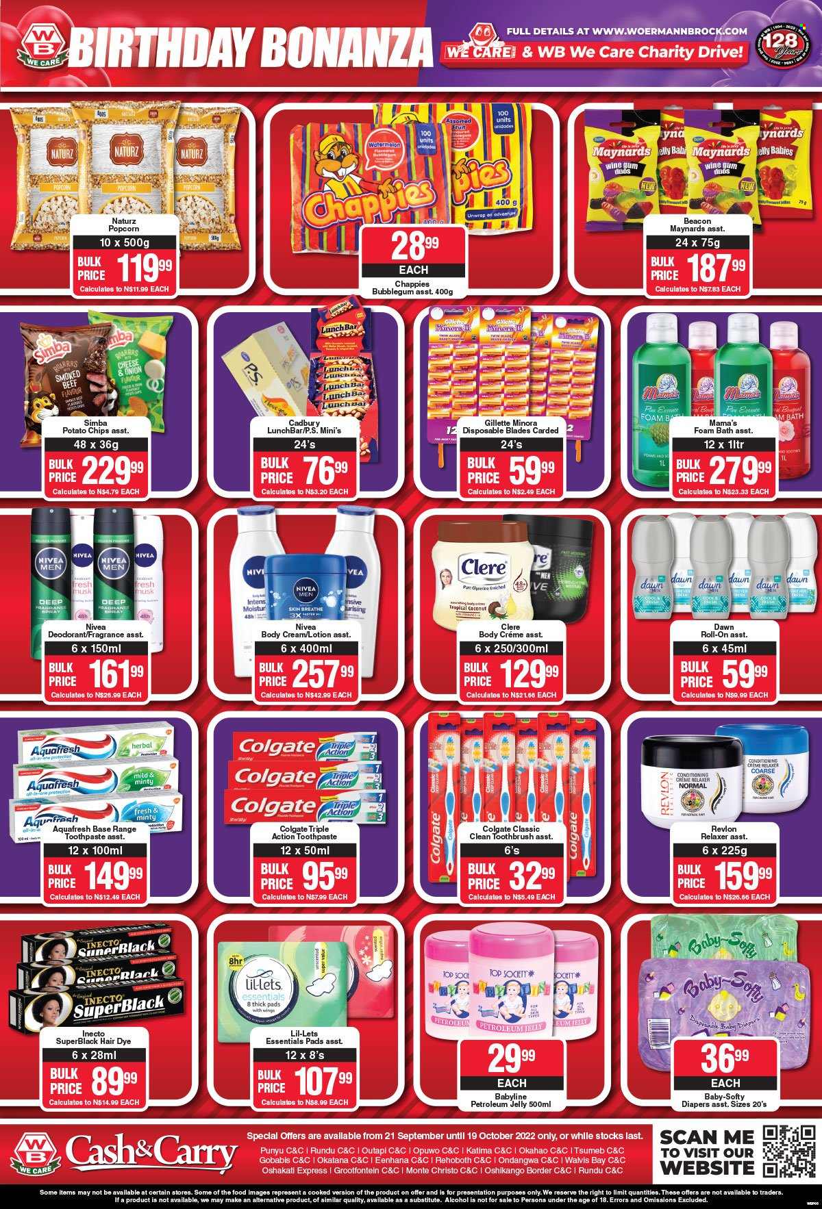 thumbnail - Woermann Brock catalogue  - 21/09/2022 - 19/10/2022 - Sales products - Mama's, bubblegum, Cadbury, potato chips, chips, Simba, popcorn, wine, alcohol, nappies, Nivea, bath foam, Colgate, toothbrush, toothpaste, Lil-lets, petroleum jelly, Revlon, relaxer, body lotion, Clere, Top Society, anti-perspirant, fragrance, roll-on, deodorant, Gillette. Page 5.