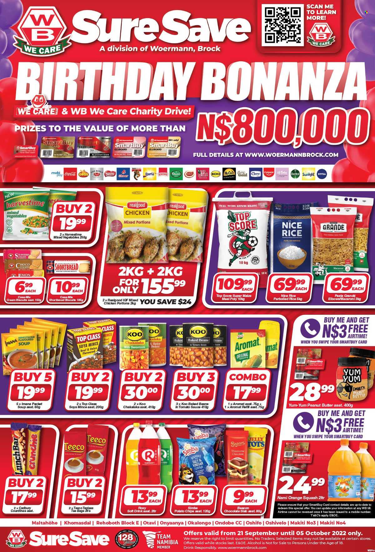 thumbnail - Woermann Brock catalogue  - 21/09/2022 - 05/10/2022 - Sales products - beans, macaroni, soup, pasta, chakalaka, Rama, mixed vegetables, Harvestime, McCain, Nestlé, chocolate, jelly, biscuit, Cadbury, potato chips, chips, Simba, maize meal, soya mince, baked beans, Koo, rice, parboiled rice, Pasta Grandé, peanut butter, Coca-Cola, soft drink, Oros, orange squash, tea bags, alcohol, Dettol, Sunlight, Colgate, Clere, Sure. Page 1.