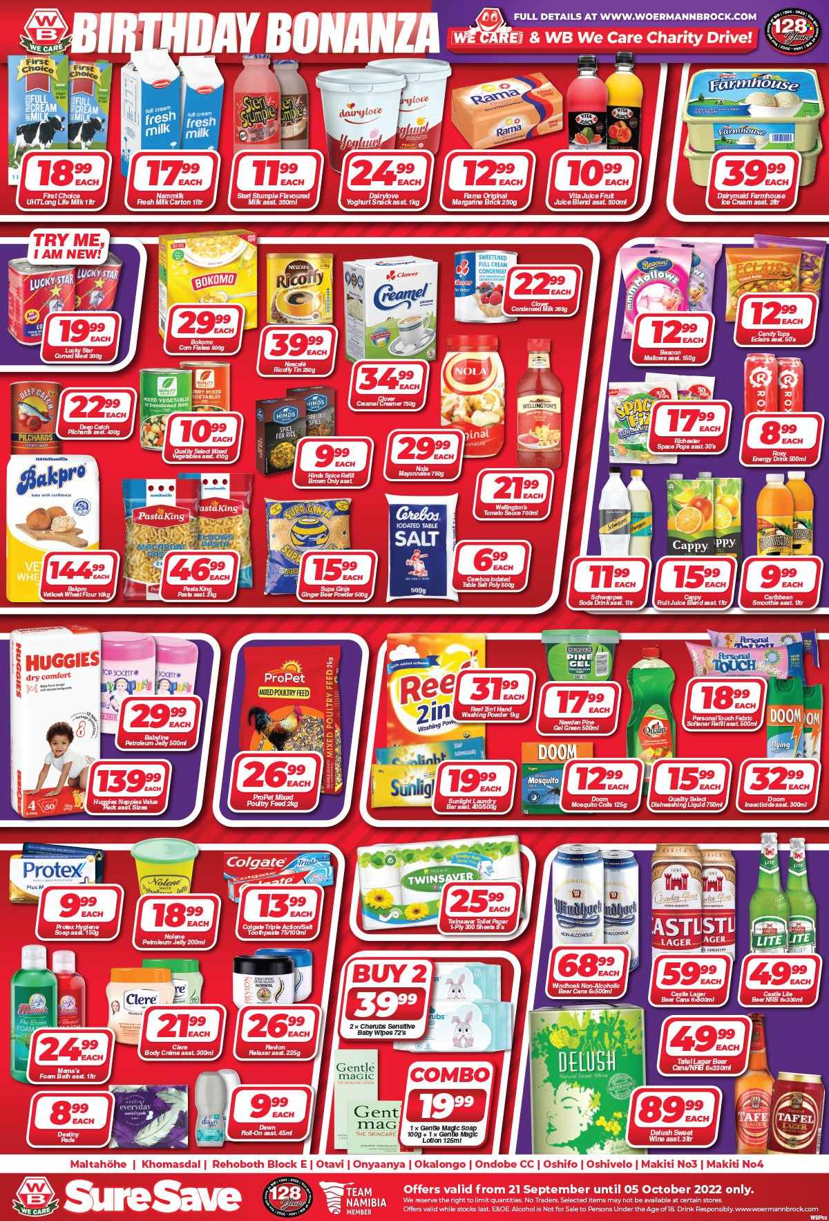 thumbnail - Woermann Brock catalogue  - 21/09/2022 - 05/10/2022 - Sales products - sardines, macaroni, pasta, sauce, yoghurt, Clover, flavoured milk, condensed milk, Steri Stumpie, margarine, Rama, creamer, mayonnaise, ice cream, mixed vegetables, marshmallows, snack, flour, wheat flour, tomato sauce, corned meat, corn flakes, spice, Hinds, Schweppes, energy drink, fruit juice, juice, smoothie, soda, Ricoffy, Nescafé, alcohol, beer, Castle, Lager, wipes, Huggies, baby wipes, nappies, toilet paper, fabric softener, softener refill, laundry powder, laundry soap bar, Sunlight, dishwashing liquid, bath foam, Protex, soap, Colgate, toothpaste, petroleum jelly, Gentle Magic, Revlon, relaxer, body lotion, Clere, Top Society, roll-on, ginger beer. Page 2.