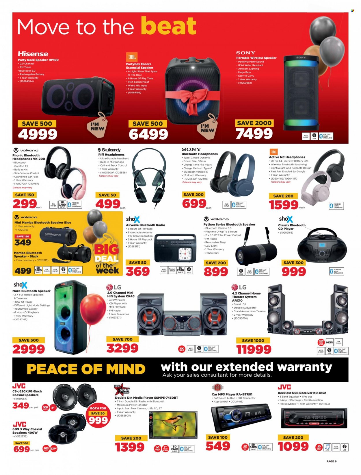 thumbnail - HiFiCorp catalogue  - 26/09/2022 - 02/10/2022 - Sales products - LG, Sony, Hisense, memory card, receiver, camera, JVC, radio, media player, home theater, mp3 player, cd player, speaker, subwoofer, JBL, bluetooth speaker, Skullcandy, headphones, Volkano. Page 9.