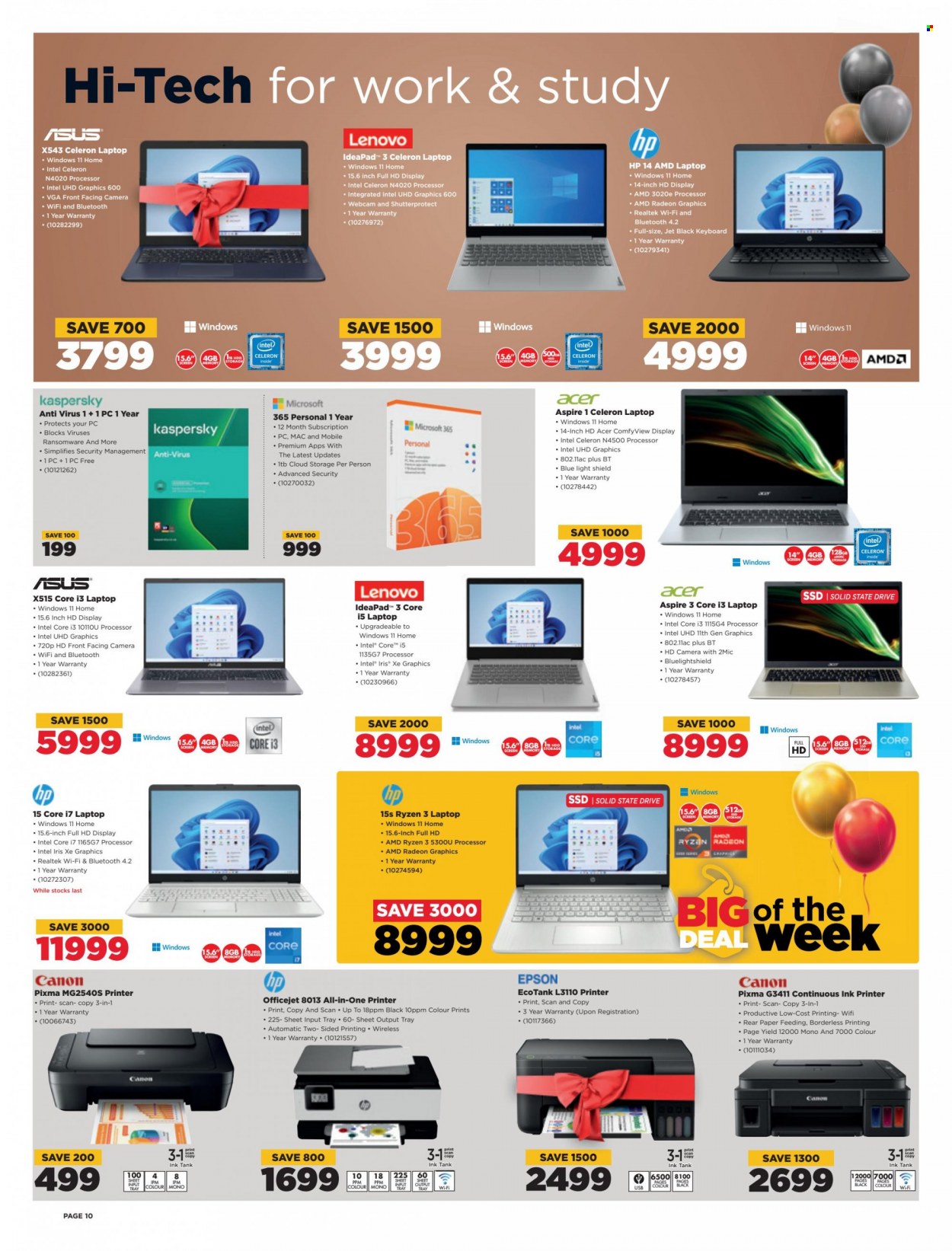 thumbnail - HiFiCorp catalogue  - 26/09/2022 - 02/10/2022 - Sales products - Intel, anti-virus, Acer, Asus, Lenovo, Hewlett Packard, webcam, laptop, Radeon, keyboard, AMD Radeon, Canon, Epson, all-in-one printer, ink printer, printer, HP OfficeJet. Page 10.