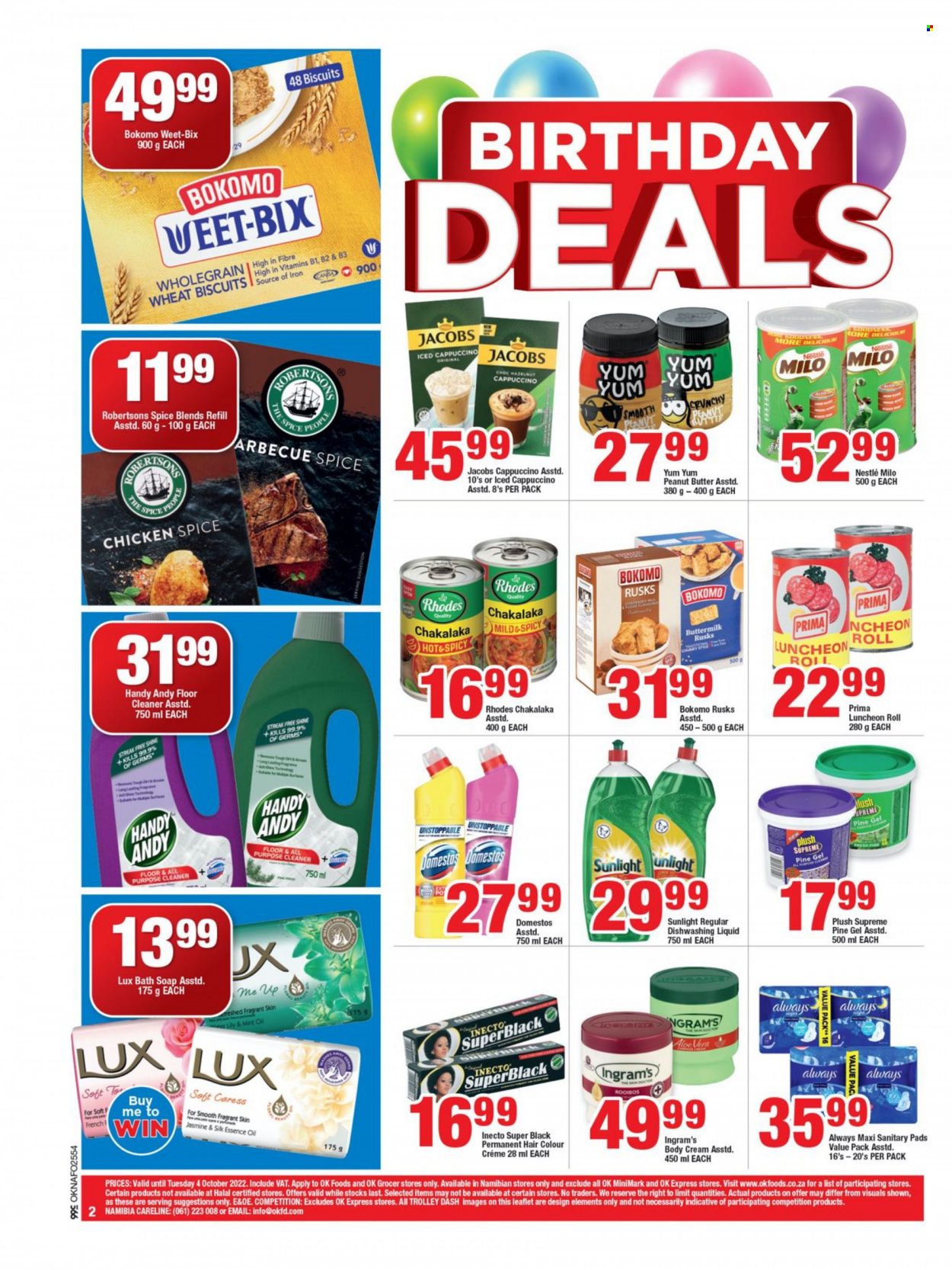 thumbnail - OK catalogue  - 29/09/2022 - 04/10/2022 - Sales products - rusks, cod, chakalaka, lunch meat, buttermilk, Milo, Silk, Nestlé, cereal bar, biscuit, Weet-Bix, spice, oil, rooibos tea, cappuccino, Jacobs. Page 2.
