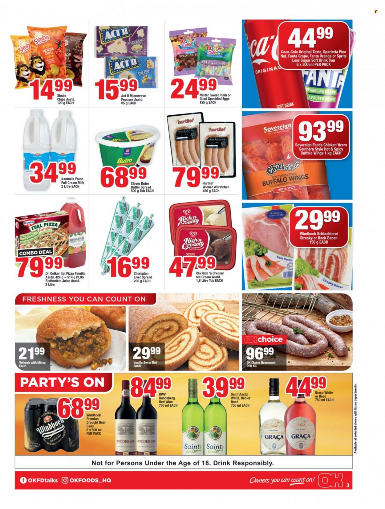thumbnail - OK catalogue  - 29/09/2022 - 04/10/2022 - Sales products - swiss roll, onion, green onion, oranges, pizza, bacon, streaky bacon, Dr. Oetker, eggs, butter, ice cream, Ola, Ital Pizza, chips, Simba, popcorn, Coca-Cola, Sprite, Fanta, juice, soft drink, red wine, wine, KWV, rosé wine, liquor, beer, braai wors. Page 3.