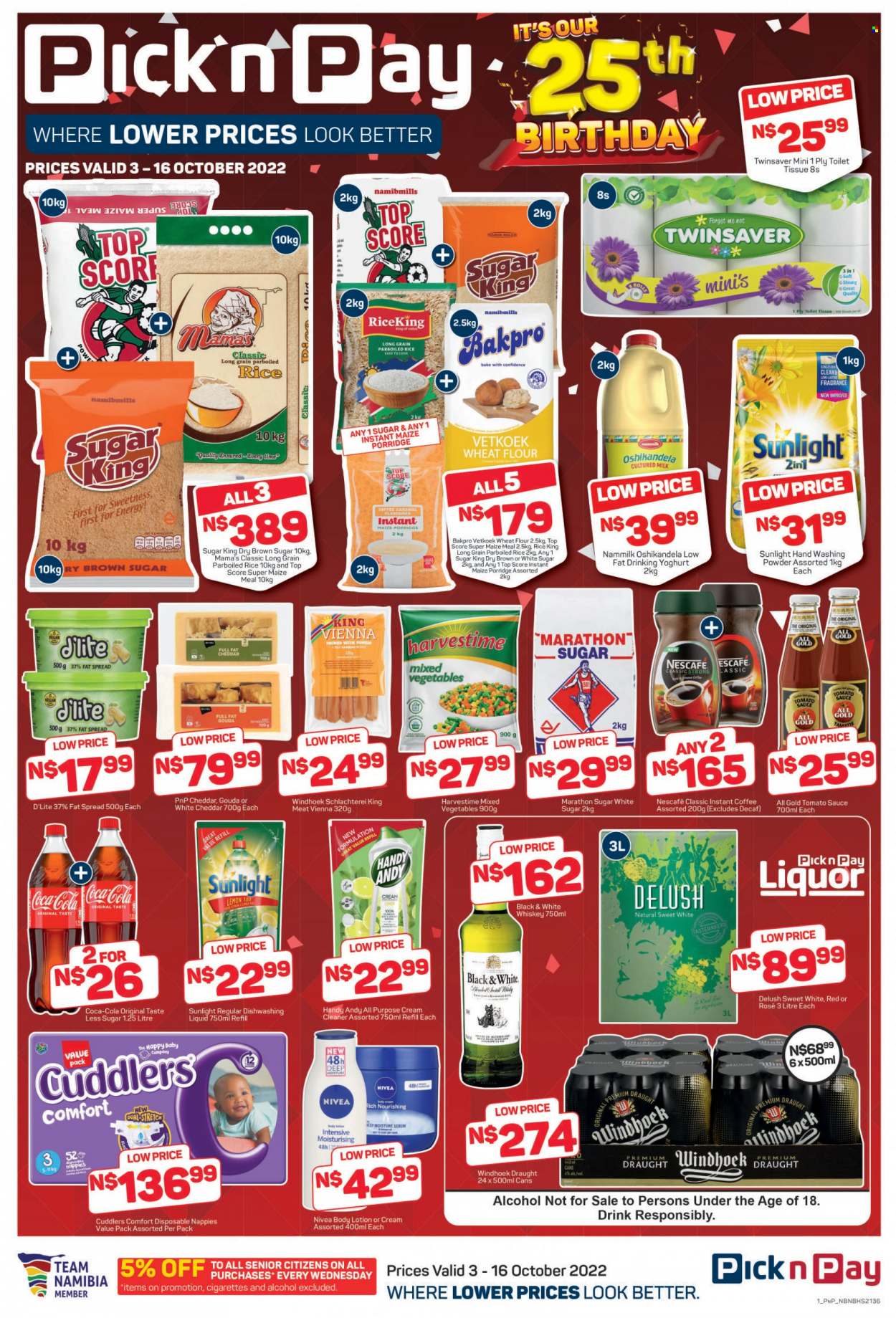 thumbnail - Pick n Pay catalogue  - 03/10/2022 - 16/10/2022 - Sales products - sauce, Mama's, gouda, cheddar, cheese, yoghurt, milk, yoghurt drink, fat spread, mixed vegetables, Harvestime, toffee, cane sugar, flour, wheat flour, maize meal, tomato sauce, porridge, rice, parboiled rice, Coca-Cola, instant coffee, Nescafé, alcohol, rosé wine, whiskey, liquor, whisky, Sol, nappies, cream cleaner, cleaner, laundry powder, Sunlight, dishwashing liquid, Nivea, serum, body lotion. Page 2.
