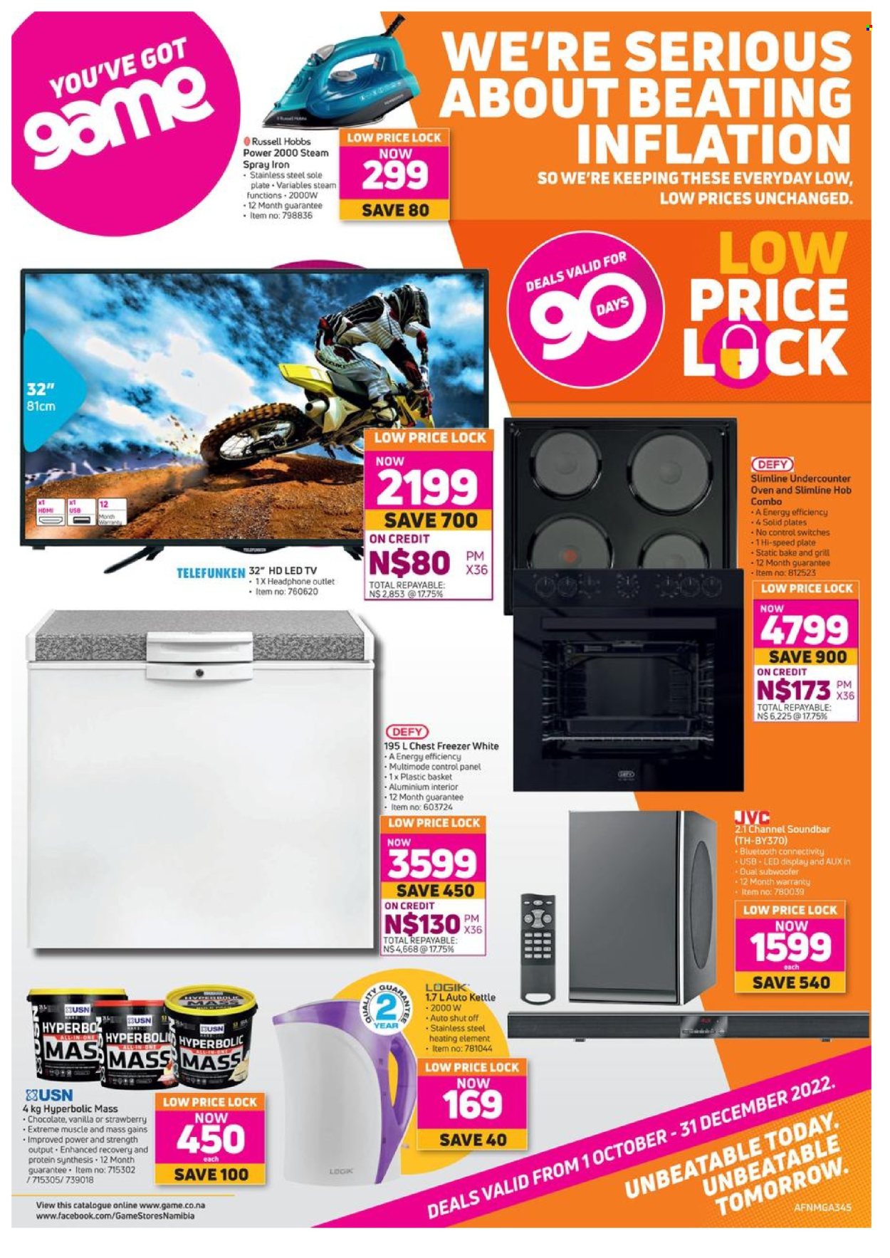 thumbnail - Game catalogue  - 01/10/2022 - 31/12/2022 - Sales products - chocolate, kettle, plate, LED TV, JVC, TV, subwoofer, sound bar, headphones, freezer, chest freezer, oven, hob, Russell Hobbs, iron, basket. Page 1.