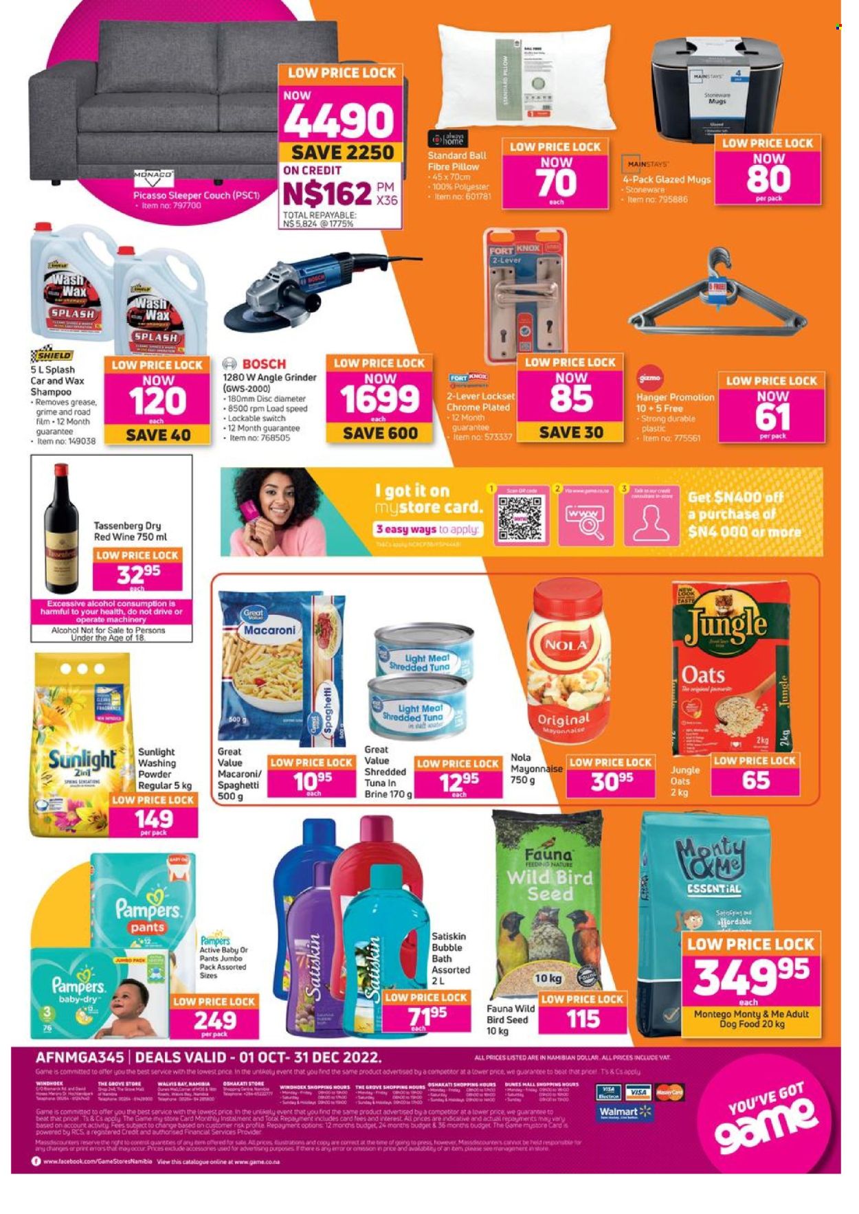 thumbnail - Game catalogue  - 01/10/2022 - 31/12/2022 - Sales products - spaghetti, macaroni, mayonnaise, oats, jungle oats, red wine, wine, alcohol, Pampers, pants, laundry powder, Sunlight, bubble bath, shampoo, Satiskin, fragrance, stoneware, pillow, animal food, bird food, dog food, Bosch, grinder, sofa bed, couch, goal, angle grinder. Page 2.