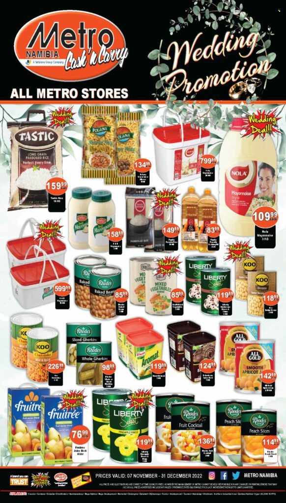 thumbnail - Metro catalogue  - 07/11/2022 - 31/12/2022 - Sales products - beans, mayonnaise, mixed vegetables, Koo, rice, Tastic. Page 1.