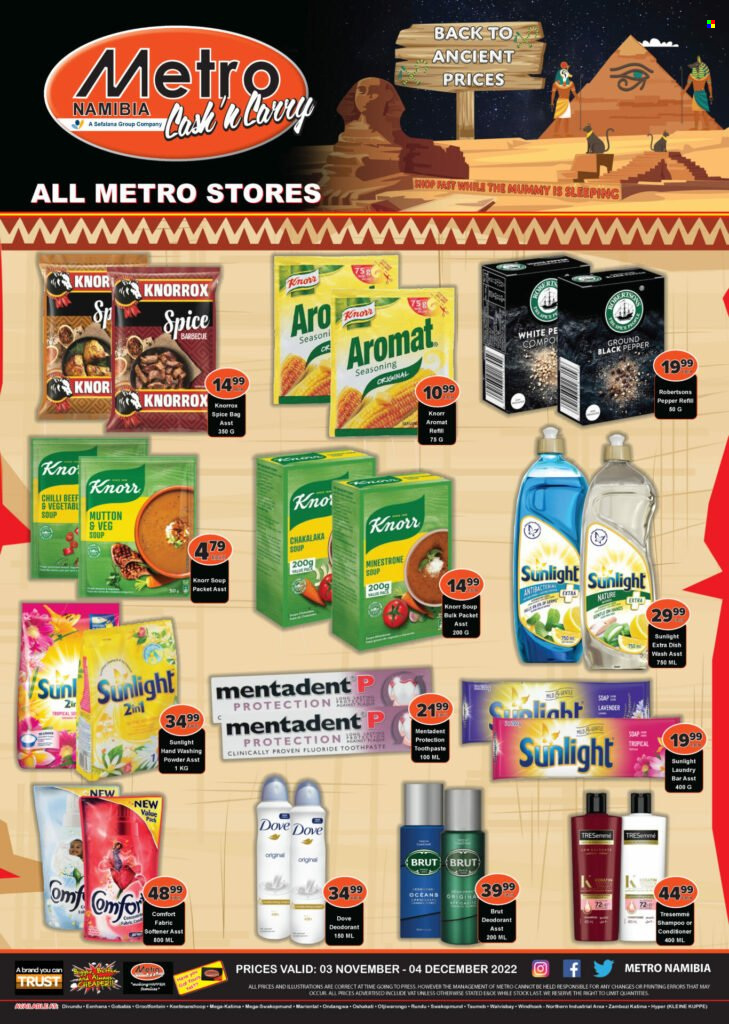 thumbnail - Metro catalogue  - 03/11/2022 - 04/12/2022 - Sales products - soup, Knorr, chakalaka, Dove, Knorrox, spice, mutton meat. Page 1.
