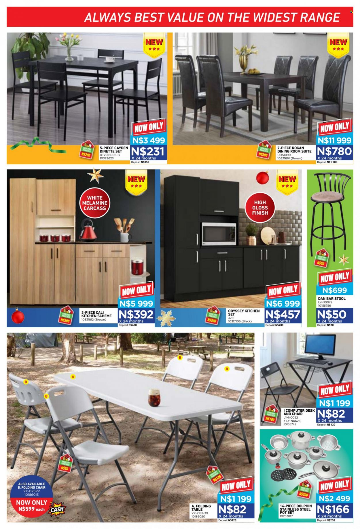 thumbnail - Furnmart catalogue  - 14/11/2022 - 06/12/2022 - Sales products - kitchen scheme, table, dining room suite, stool, chair, bar stool, desk, folding table, folding chair, computer. Page 5.