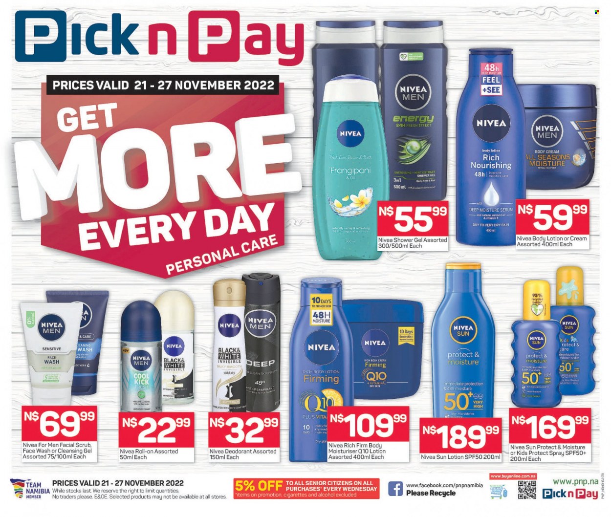 Pick n Pay catalogue  - 21/11/2022 - 27/11/2022 - Sales products - oil, alcohol, shower gel, Nivea, face gel, serum, face wash, sun protect, sun lotion, shaver. Page 1.