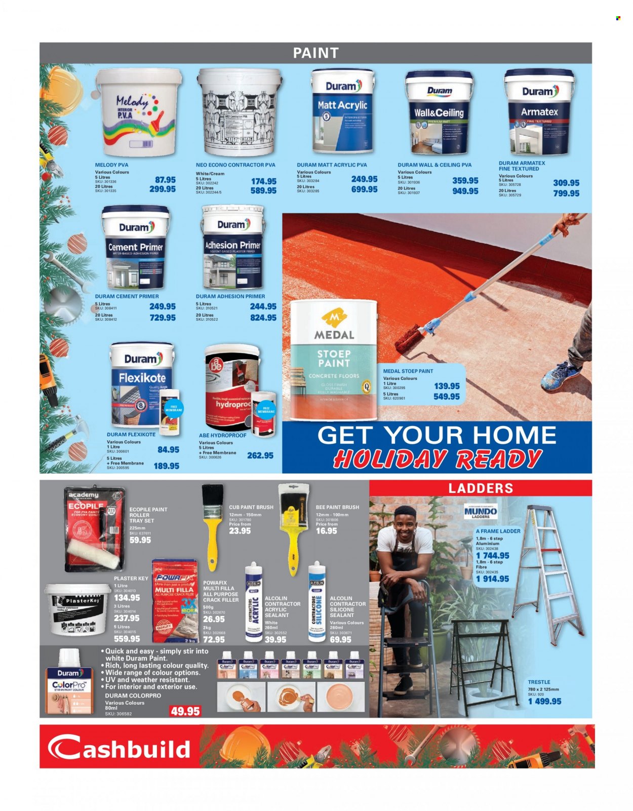 thumbnail - Cashbuild catalogue  - 21/11/2022 - 22/01/2023 - Sales products - ladder, acrylic PVA, ceiling PVA, silicone sealants, paint brush, roller, roller tray set, Duram, Medal, Bosch. Page 2.