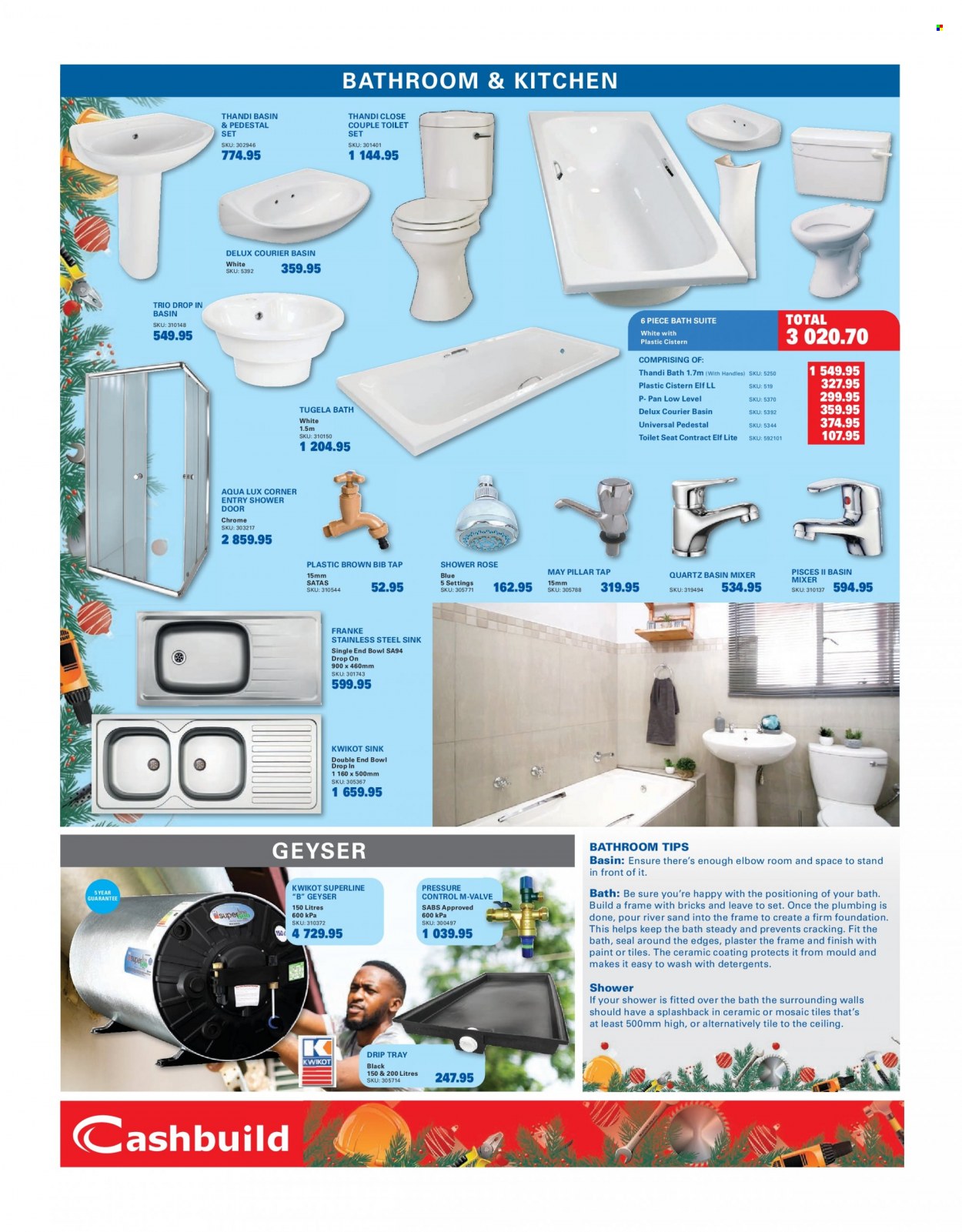thumbnail - Cashbuild catalogue  - 21/11/2022 - 22/01/2023 - Sales products - toilet seat, basin mixer, geyser, sink, stainless steel sink, paint, brick. Page 6.