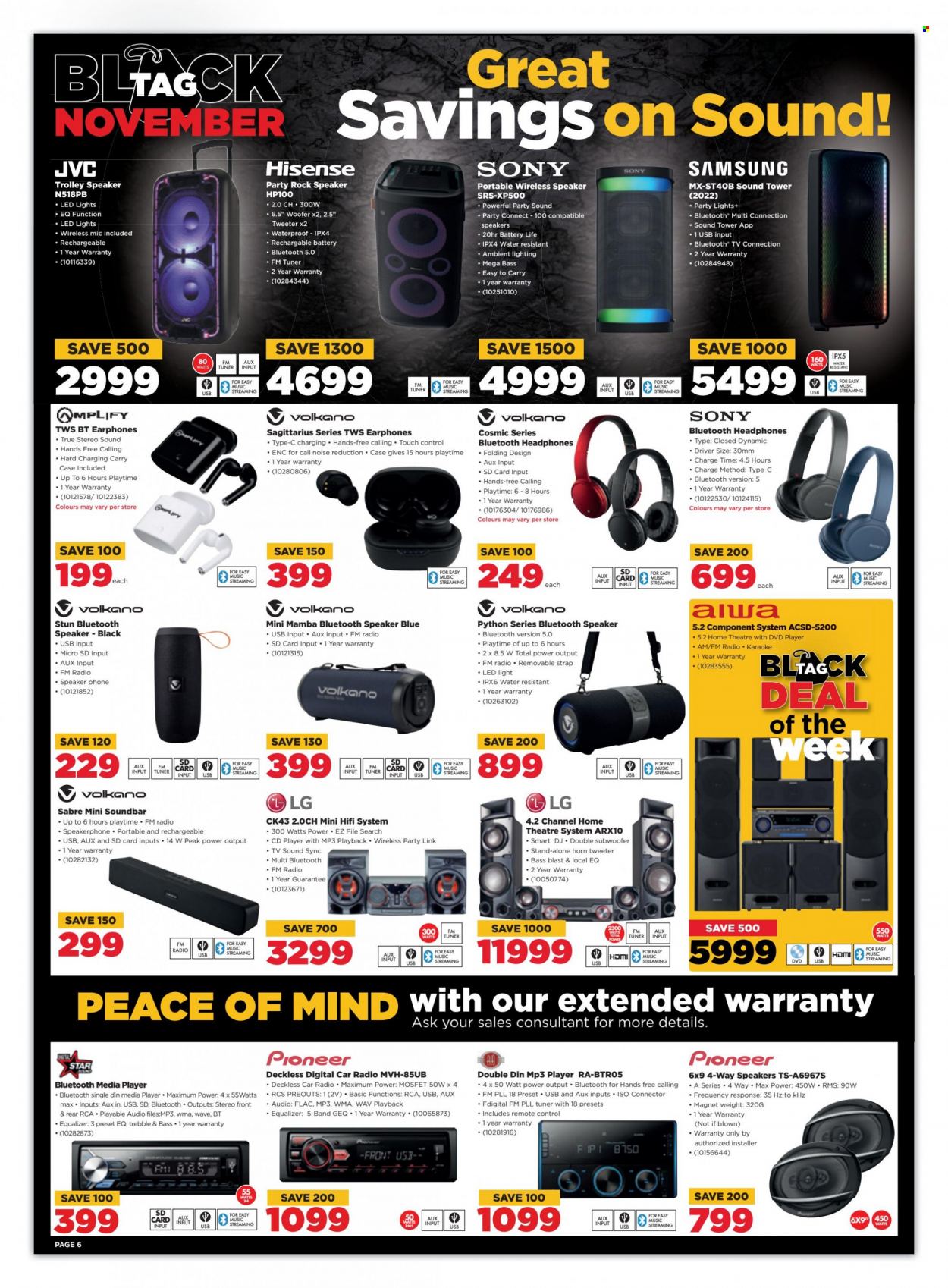 HiFiCorp catalogue  - 21/11/2022 - 28/11/2022 - Sales products - LG, Sony, Samsung, Hisense, phone, memory card, RCA, JVC, TV, radio, Pioneer, car radio, media player, home theater, dvd player, mp3 player, cd player, speaker, subwoofer, bluetooth speaker, sound bar, sound tower, trolley speaker, headphones, Volkano, remote control. Page 6.